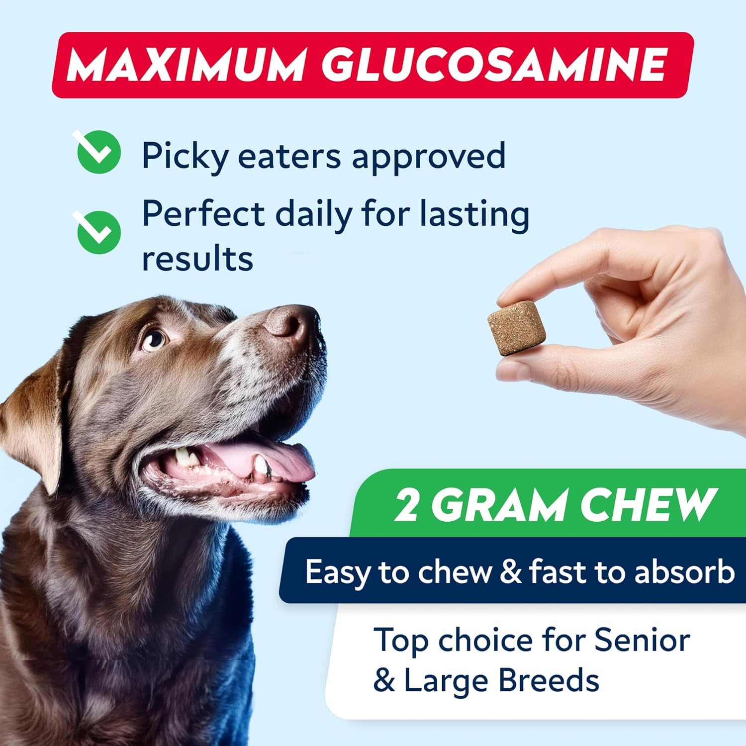Senior Advanced Glucosamine Joint Supplement for Dogs - Green Lipped Mussel & Collagen - Large Breeds - Hip & Joint Health - Bacon Flavor - 120 Chews - image 6
