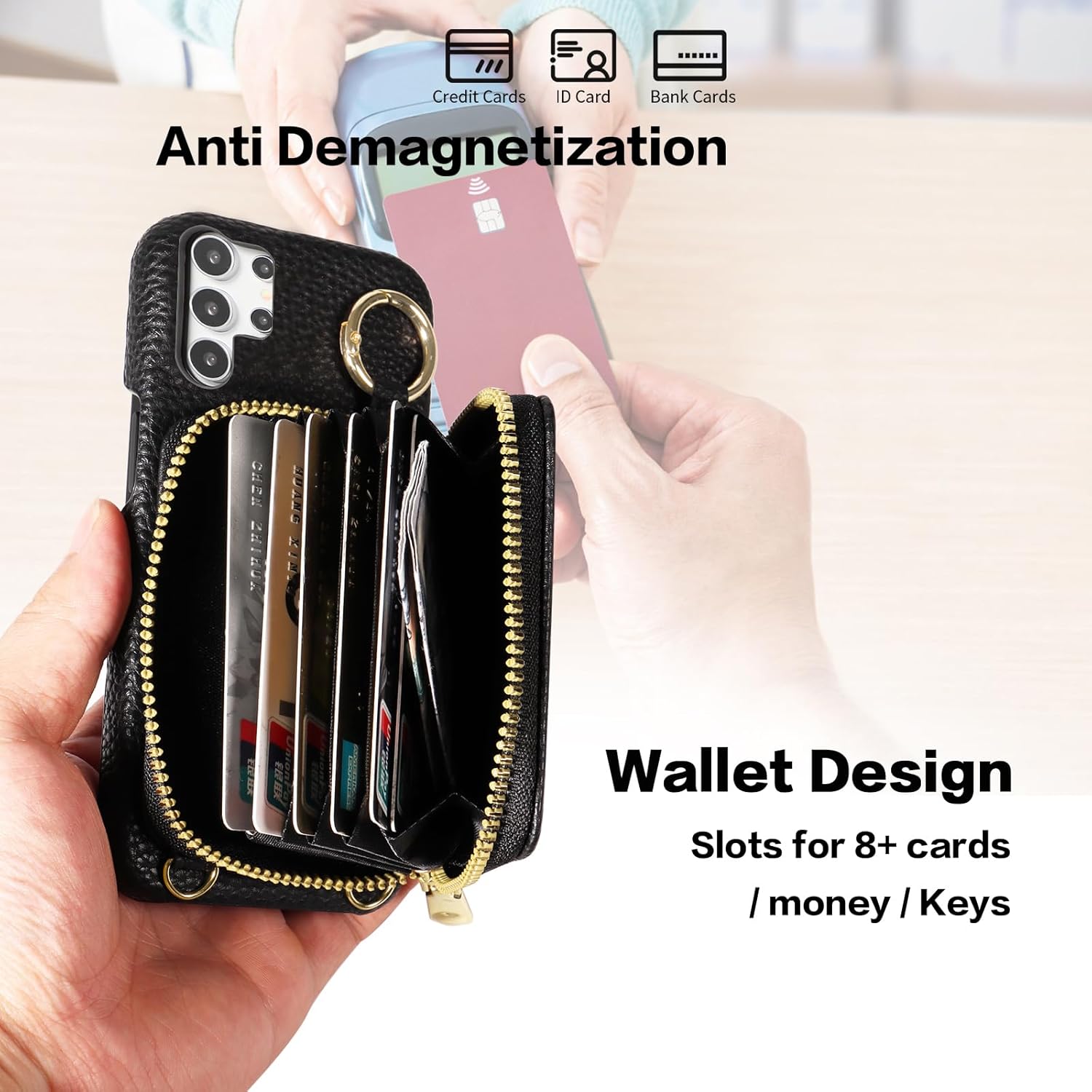 Wallet Case for Samsung Galaxy S25 Ultra 5G with Shoulder Strap Ring Buckle, Luxury PU Leather Zipper Flip Organ Purse, Credit Card Holder Stand Phone Cover for S25Ultra 25S S 25 25Ultra Black - Image 3