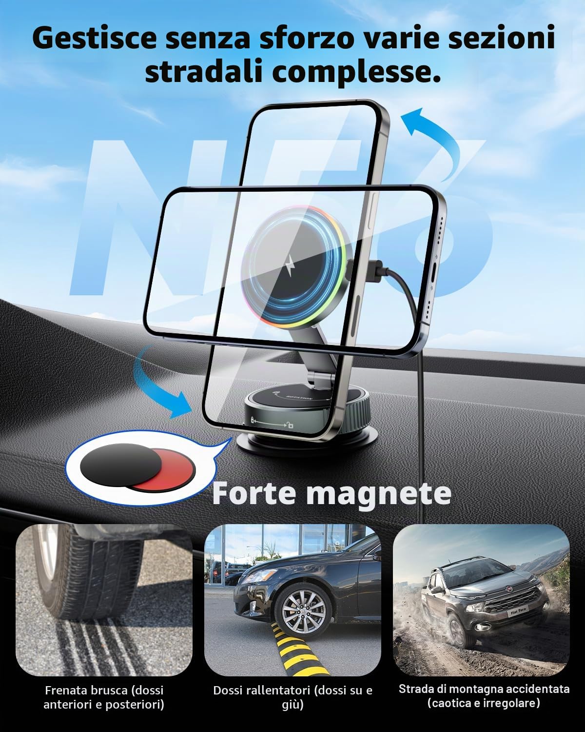 CloudValley per MagSafe Supporto Caricatore per Auto, Ricarica Wireless Rapida 15W e Ventosa a Vuoto Rotante 360°, Supporto Magnetico con Luce RGB per iPhone 17-12/Cruscotto/Parabrezza/schermo