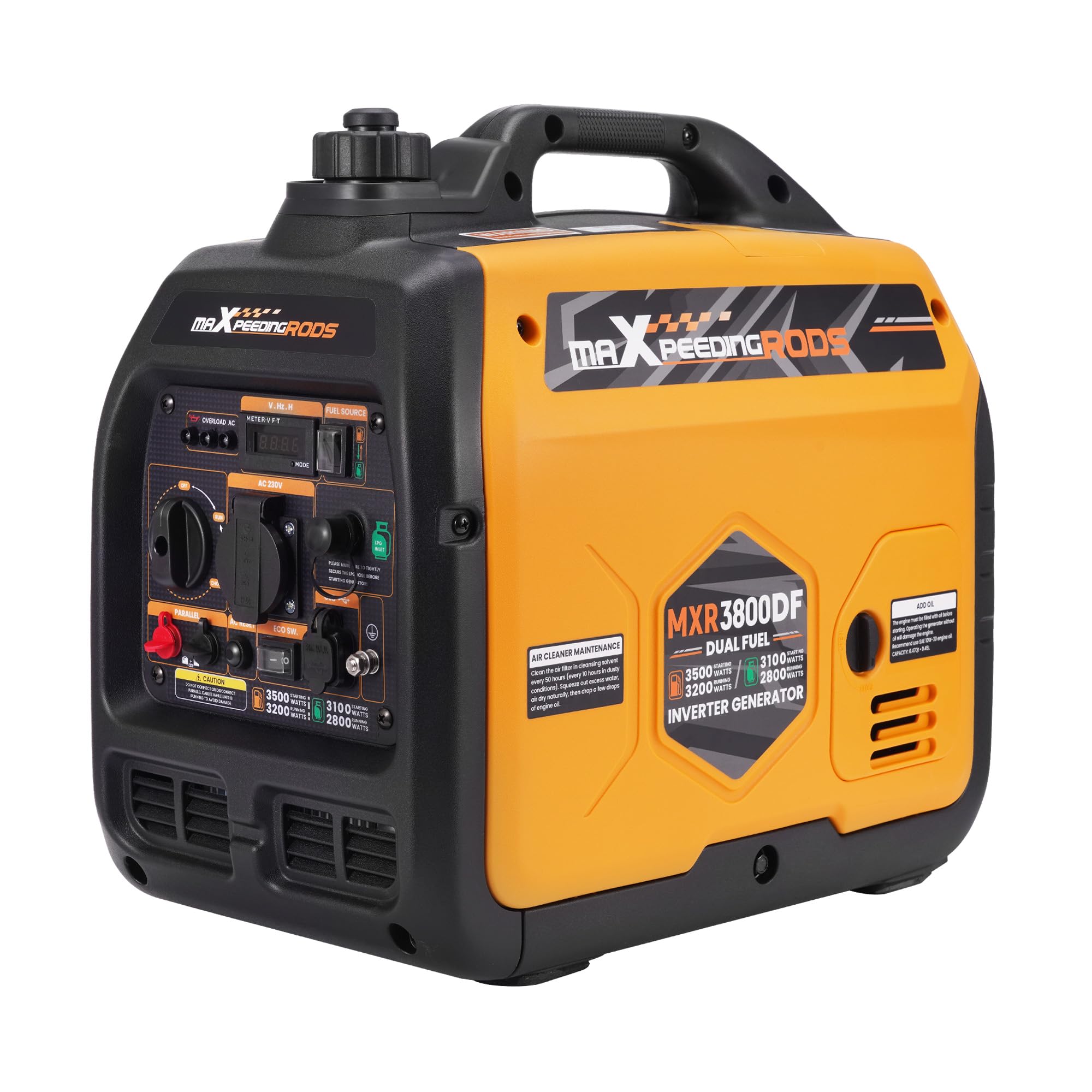 maXpeedingrods Generador de corriente de 3500 W LPG/Gasolina Inverter Gas Silencioso Generador de Energía Doble Fuel con enchufe de 230 V/16 A; 2 puertos USB para camping, garaje, viajes al aire libre