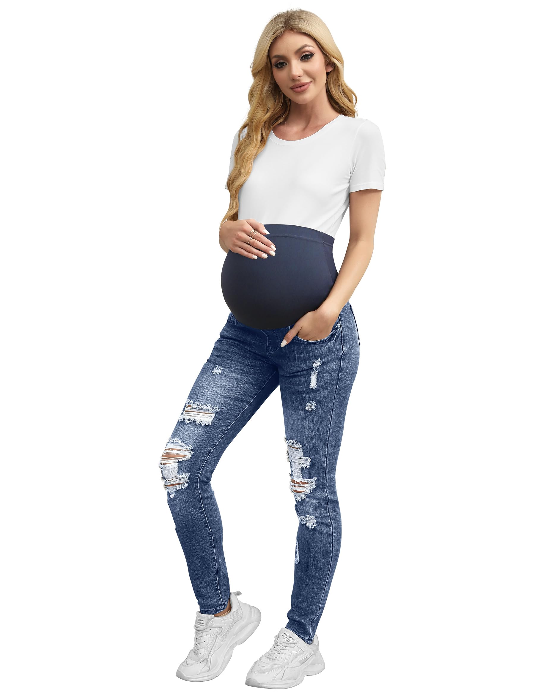 Fengbay Damen Umstandsjeans Über Bauch Stretch Denim Slim Fit Umstandshose Jeans Casual Zerrissene Schwangerschaftshose Jeans