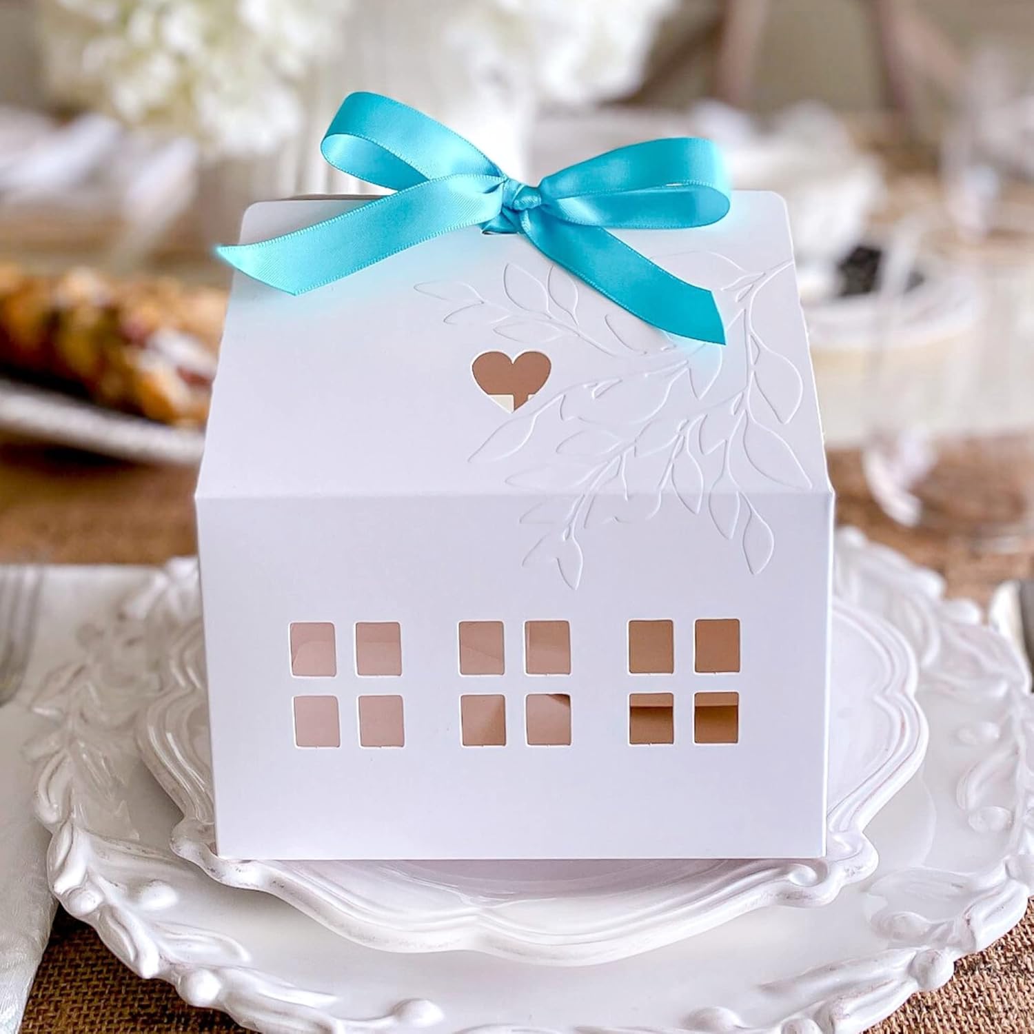 20 Pcs Classic House Shaped Gift Boxes with Bright Ribbons for Treats, Desserts, Fancy Cookie, White Gable Bakery Packaging