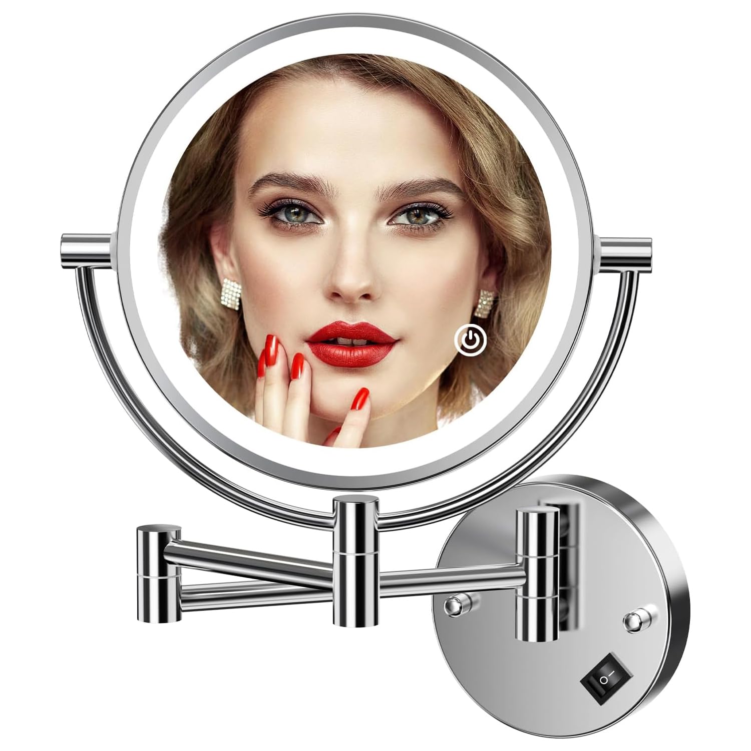 Auxmir Espejo Maquillaje con Luz Pared, Aumento 1X/10X Doble Cara Giratorio 360, Espejo Baño Extensible Táctil con Enchufe, 3 Colores Brillo Regulable, para Hotel, SPA, Plata