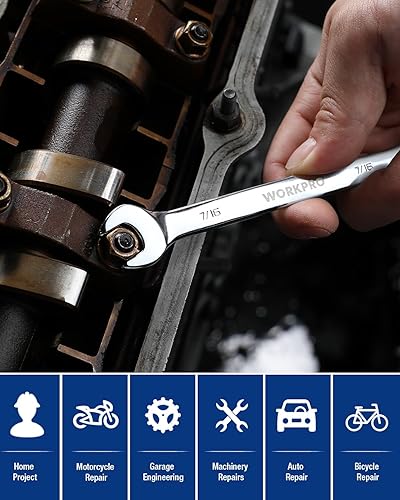 Miniatura 47 de WORKPRO Juego de llaves combinadas de trinquete de cabeza flexible de 8 piezas, SAE 5/16-3/4 pulgadas, 72 dientes, construcción CR-V, niquelado