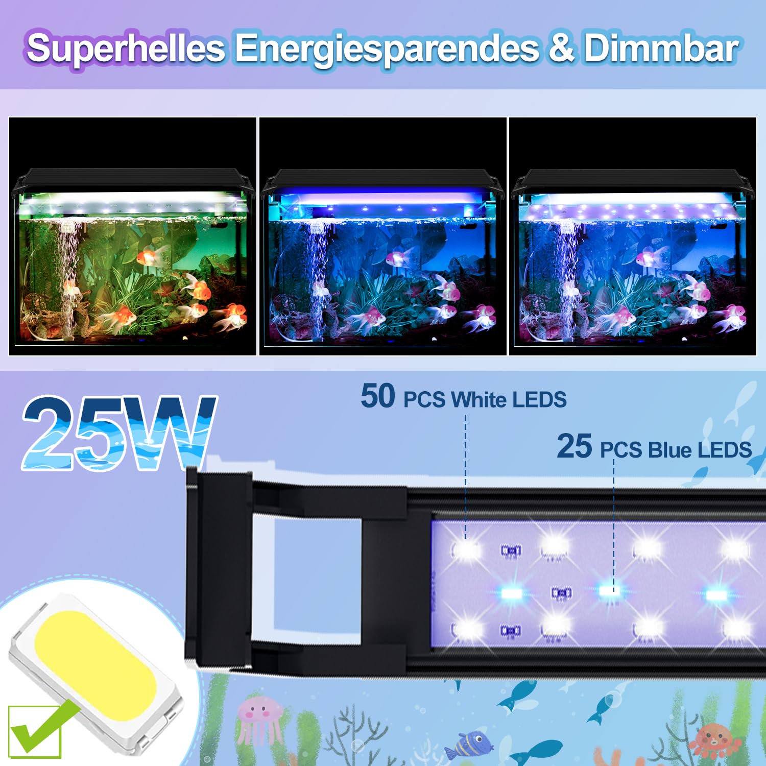 Sonnewelt Oświetlenie akwariowe LED 25 W lampa oświetleniowa akwariowa biała niebieska lampa akwariowa z regulowanym wspornikiem do roślin akwariowych 90-110 cm