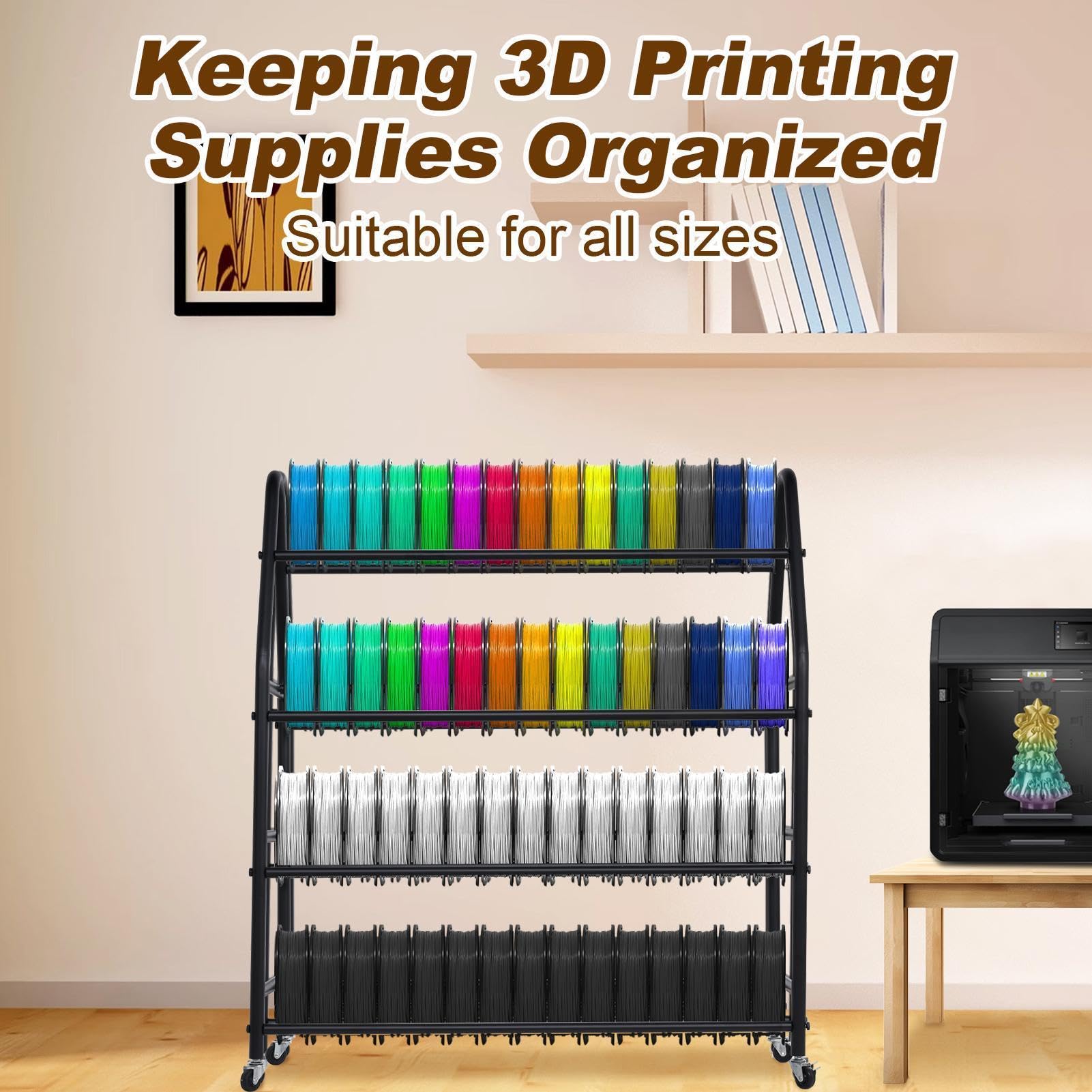 Mensola per filamenti per stampante 3D, grande capacità, in metallo, per fino a 105 bobine | Filamento per stampante 3D in metallo, organizer con ruote per 105 bobine, conservazione per officina e studio di stampa