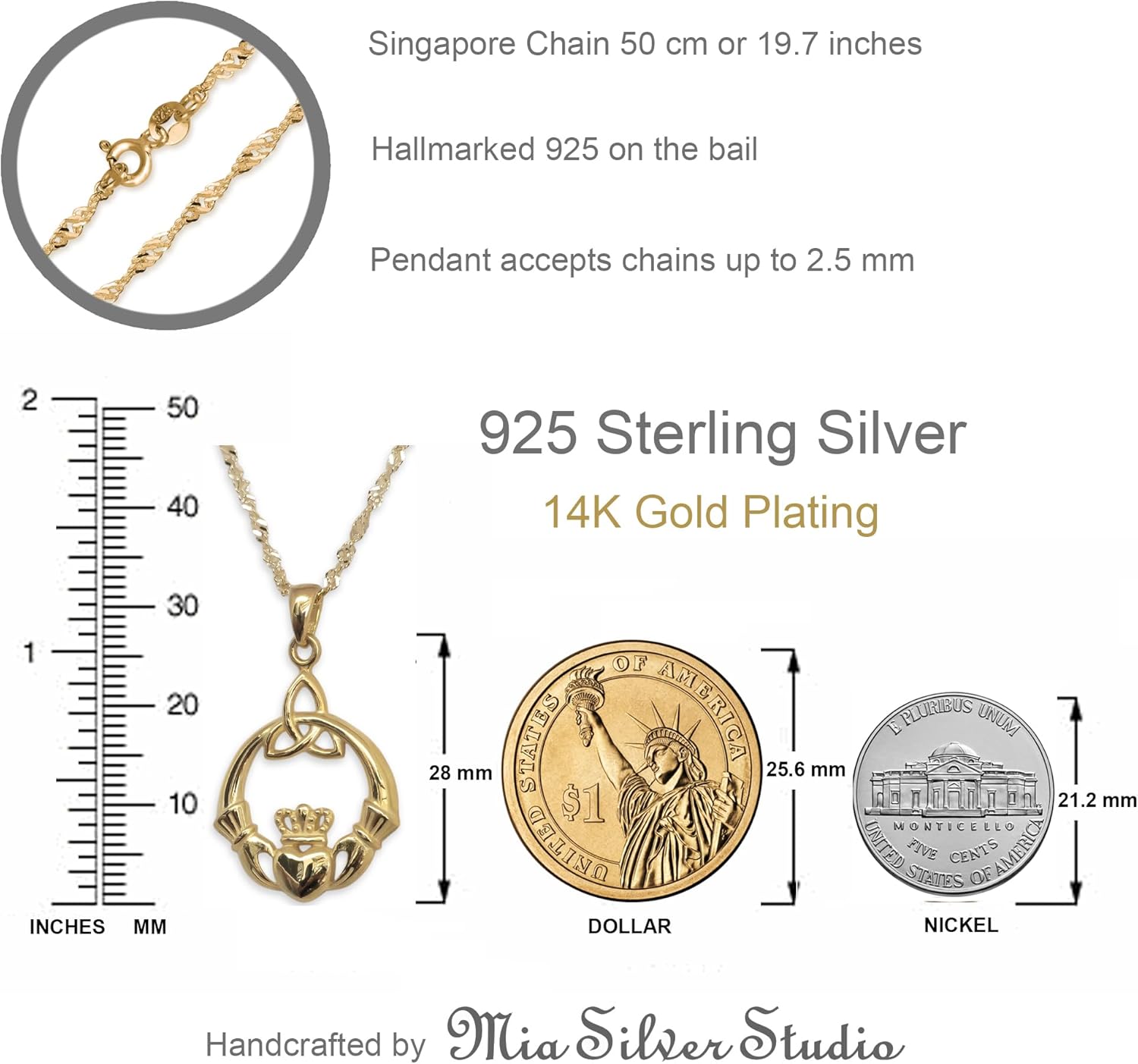 925 Sterling Silver Irish Claddagh Necklace - Trinity Celtic Knot Pendant with 20" Inch Chain - Hands Holding Heart Crown Charm - Love Celtic Jewelry for Women Girls