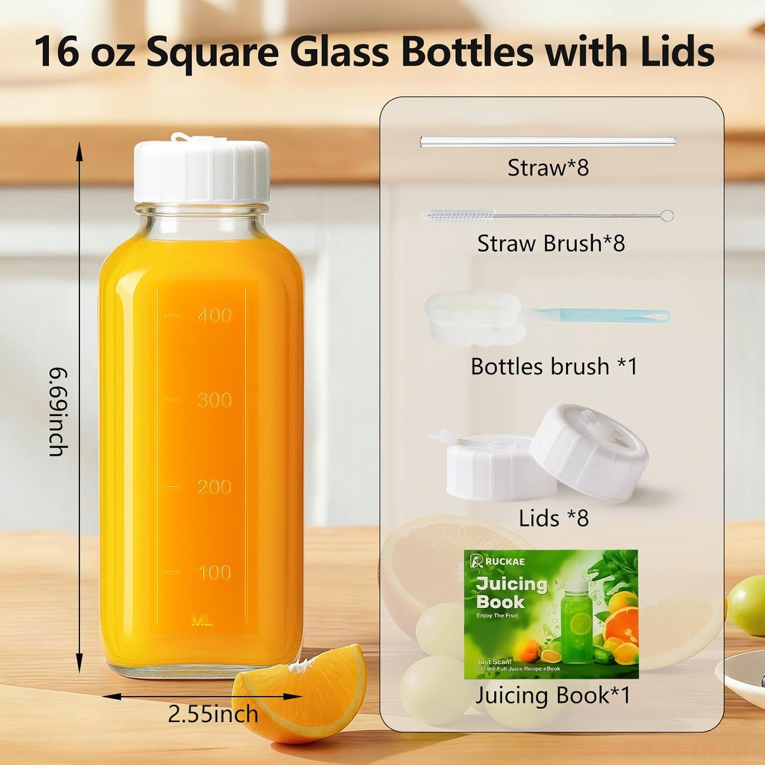 Ruckae 16oz 8 Pack Glass Juice Bottles with Lids - Reusable Square Glass Juice Bottles with Leak-Proof Lid & Capacity Marks for Containers Juicing,Milk,Smoothies - Image 3