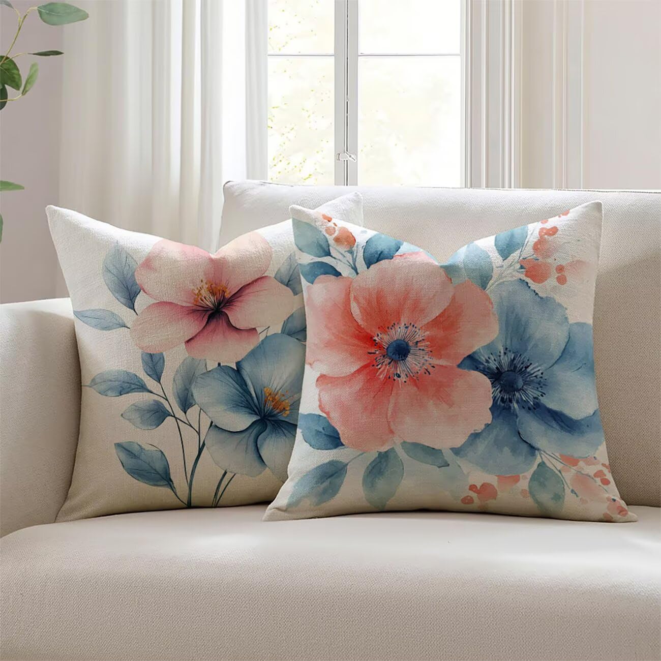 Housse de Coussin 60x60cm Fleur Bleue en Lin Lejnlnng pour Canapé et Salon, Lot de 2