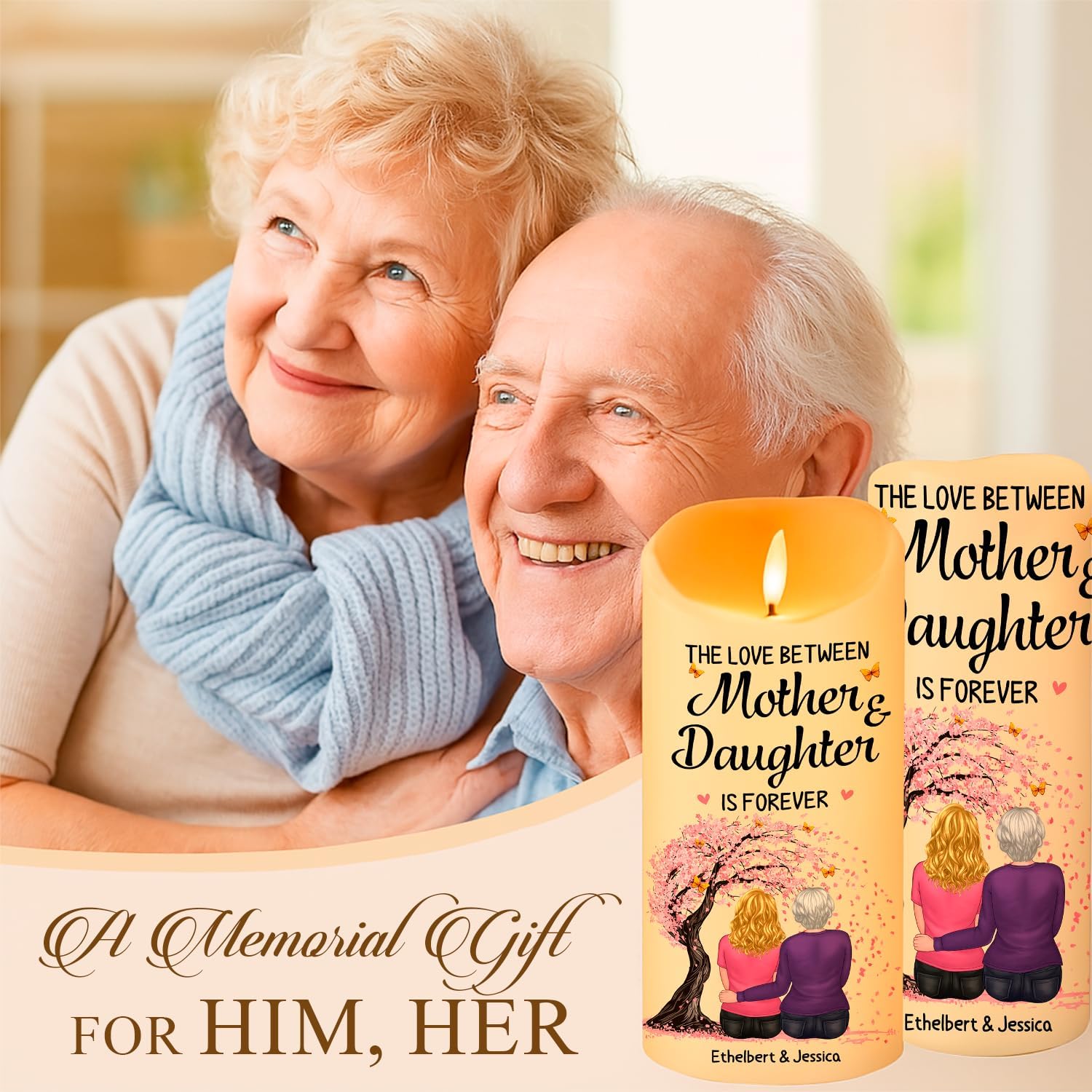 Gifts for Mom Grandma from Daughter, The Love Between Mother & Daughter is Forever Led Candle, Custom Led Flameless, Mothers Day Birthday Gift for Family Mama Light Decor