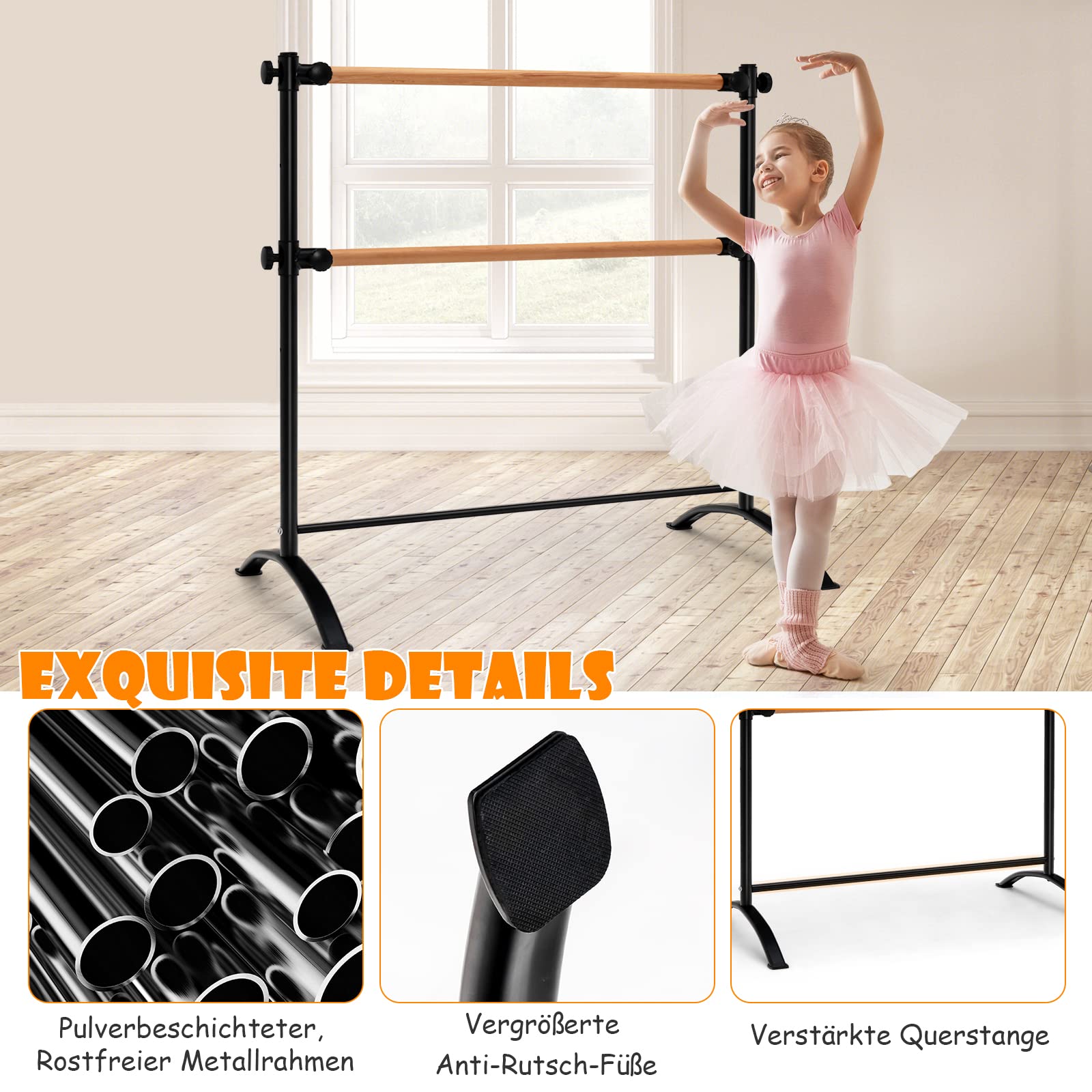 GYMAX Freistehende Ballettstange 121 cm, tragbare Ballettausrüstung, höhenverstellbare Tanzstange für Stretching & Tanztraining, Ballettstangenhalter für Zuhause, Studio & Schule