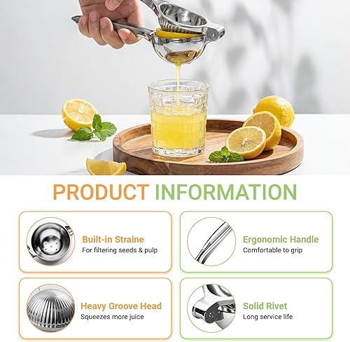 Miniatura 4 de Exprimidor de limones, exprimidor de frutas de acero inoxidable, exprimidor de limones de lima para cocina, exprimidor de mano grande, prensa manual