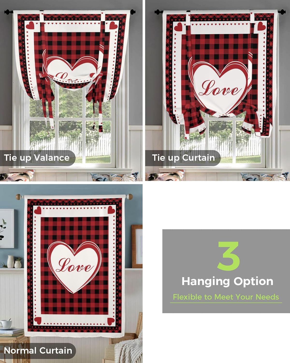 Tie Up Curtains for Kitchen Windows, Happy Valentine's Day Love Adjustable Balloon Shade Curtain Panel Rod Pocket Drapes for Small Window Decor 42" Wx63L, Sweet Hearts Buffalo Plaid Check