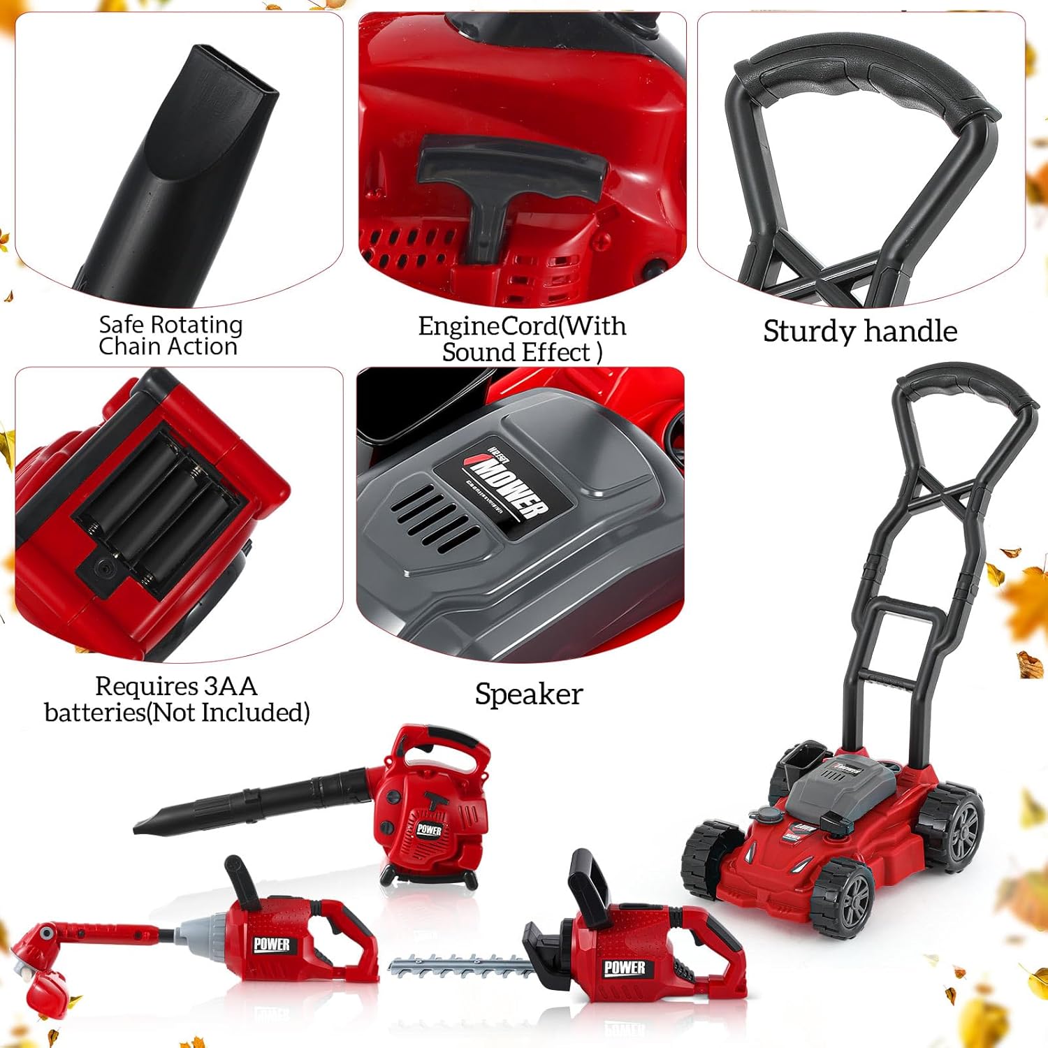 4 Pcs Toy Gardening Tool Set for Kids Toy Leaf Blower Weed Trimmer Hedge Trimmer Push Lawn Mower Battery Play Set Christmas Birthday Party Gift for Boys Girls