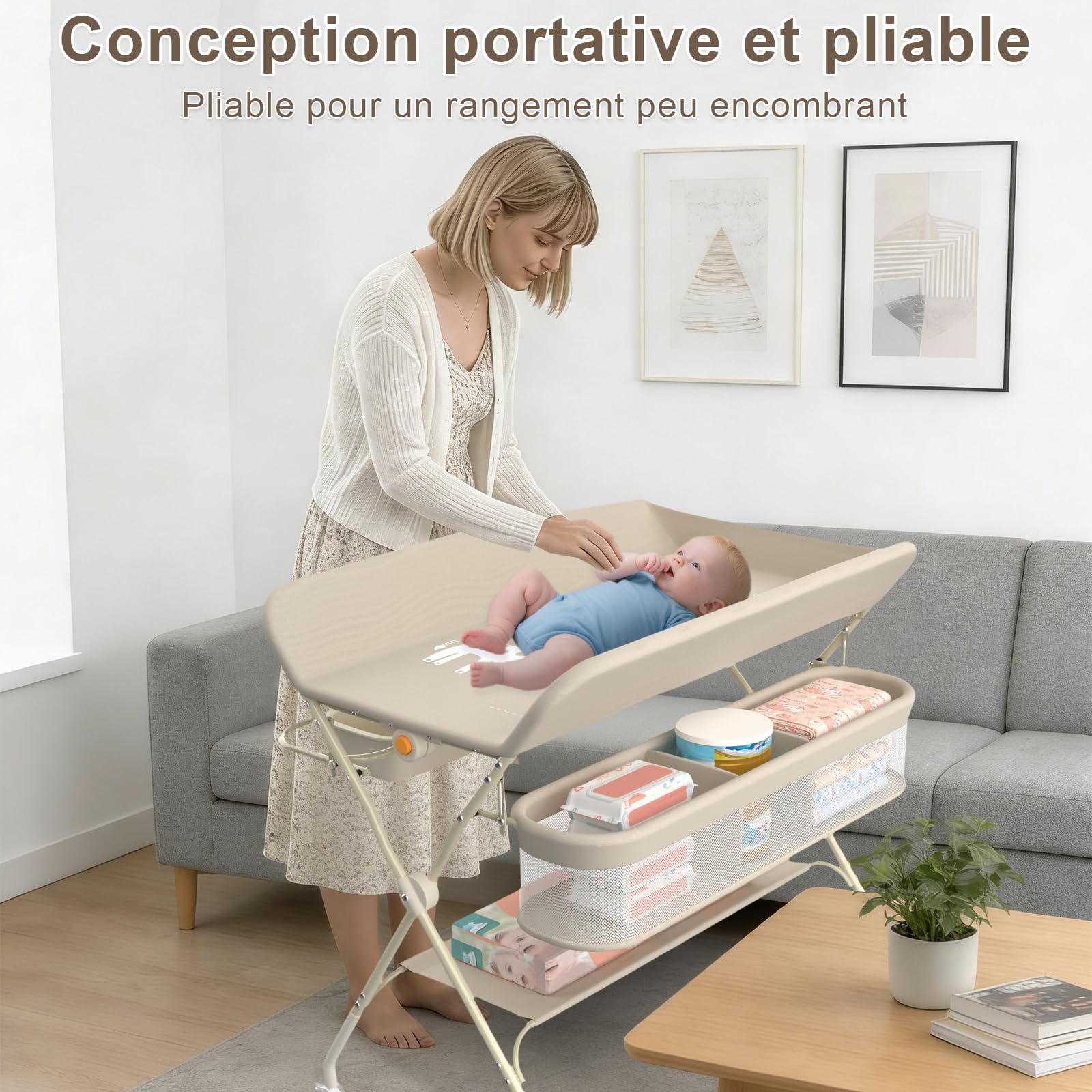 Supfine Table à Langer Pliable, Plan à Langer avec Panier Latéral et Tringle de Suspension, Réglable en Hauteur, avec roulettes Verrouillables (Crème, 4 en 1)