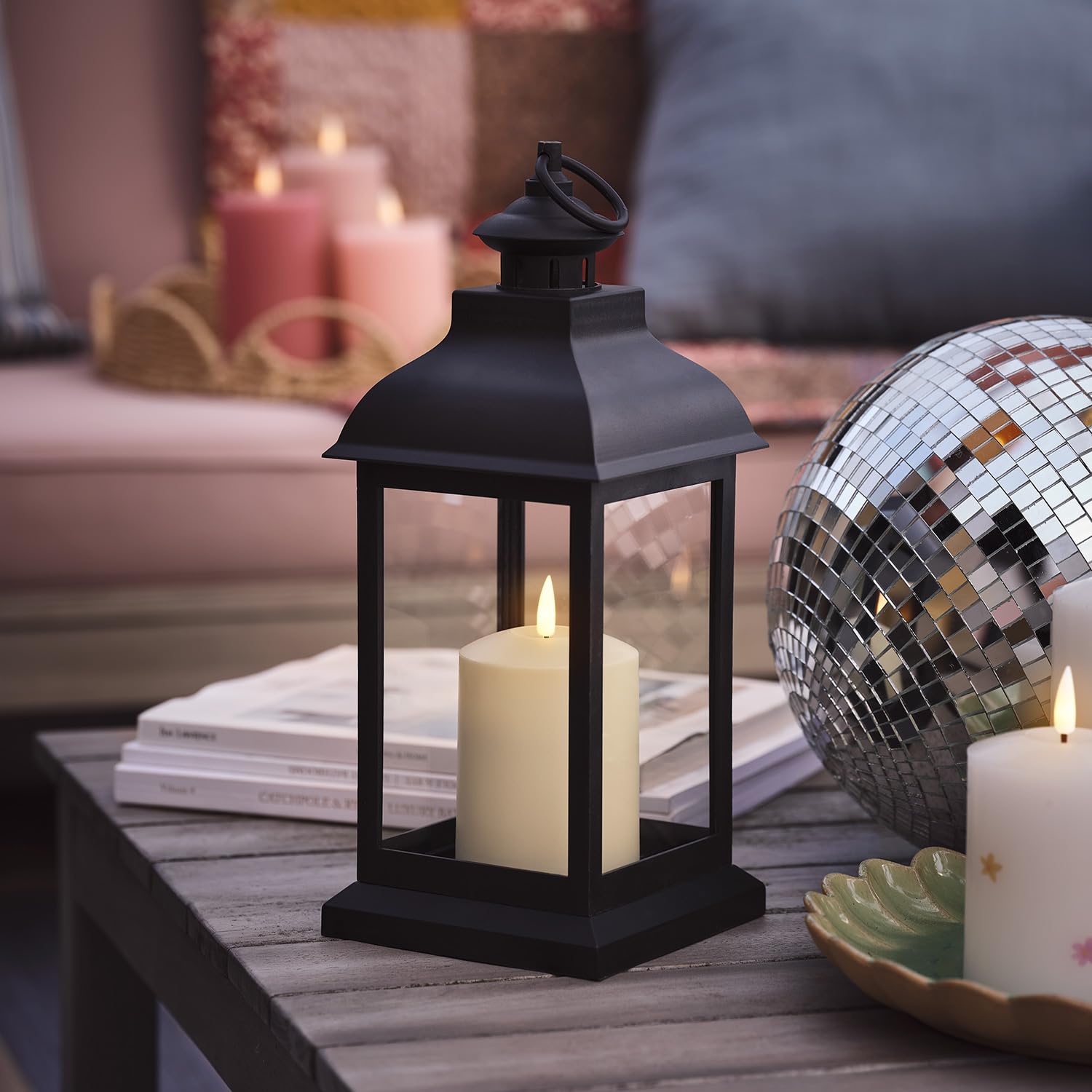 Lights4fun Black 30Cm Decorative Truglow® Led Candle Lantern Battery Operated With Remote Control And Timer Indoor And Outdoor Use