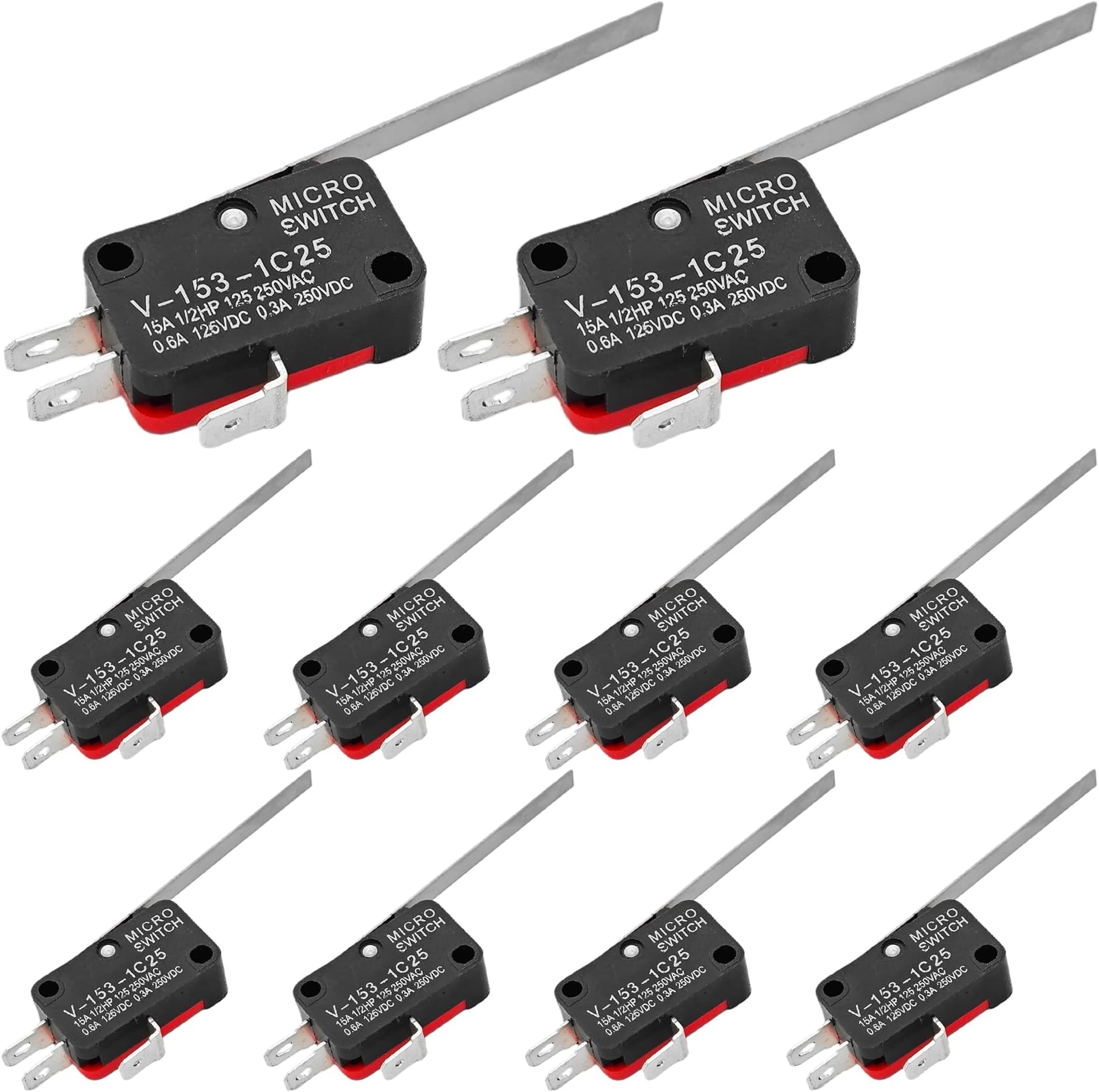 10PCS Micro Limit Switch V-153-1C25, Long Straight Hinge Lever Arm, SPDT Snap Action, 15A 250V, Silver Contact, Reliable End stop for Arduino, CNC, 3D Printer, Appliance, Industrial Automation