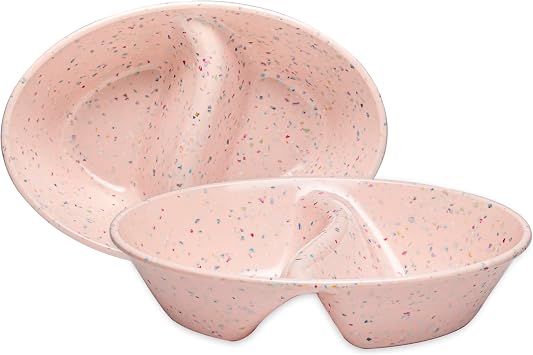 bzyoo Confetti Divided Bowl Set of 2, 100% Melamine BPA-Free Stackable Unbreakable Bowls with Two Compartments, Ideal for Snacks, Chips & Dips, Cereal, Dishwasher-Safe Color Pink