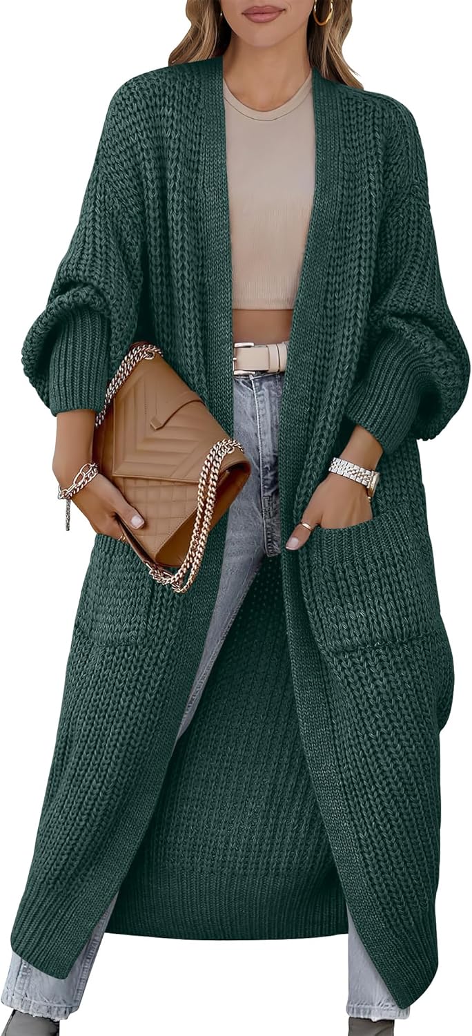 Caracilia Women Cardigan Sweaters Long Sleeve Open Front Knit Long Coat Duster Cozy 2025 Fall Winter Outfits with Pockets Forest Medium