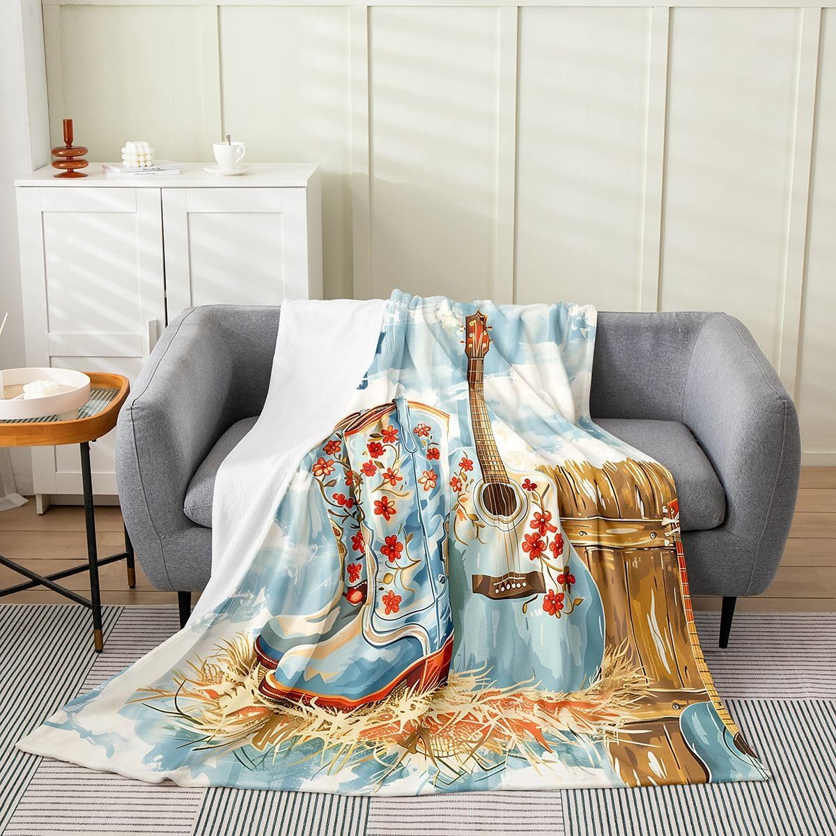 Erosebridal Country Guitar Fuzzy Plush Throw for Girls - Vintage Red Floral Cowboy Boot Fleece Blanket Retro Watercolor Western Flannel Blanket,Rustic Farmhouse Decor for Bed Couch 40"x50"