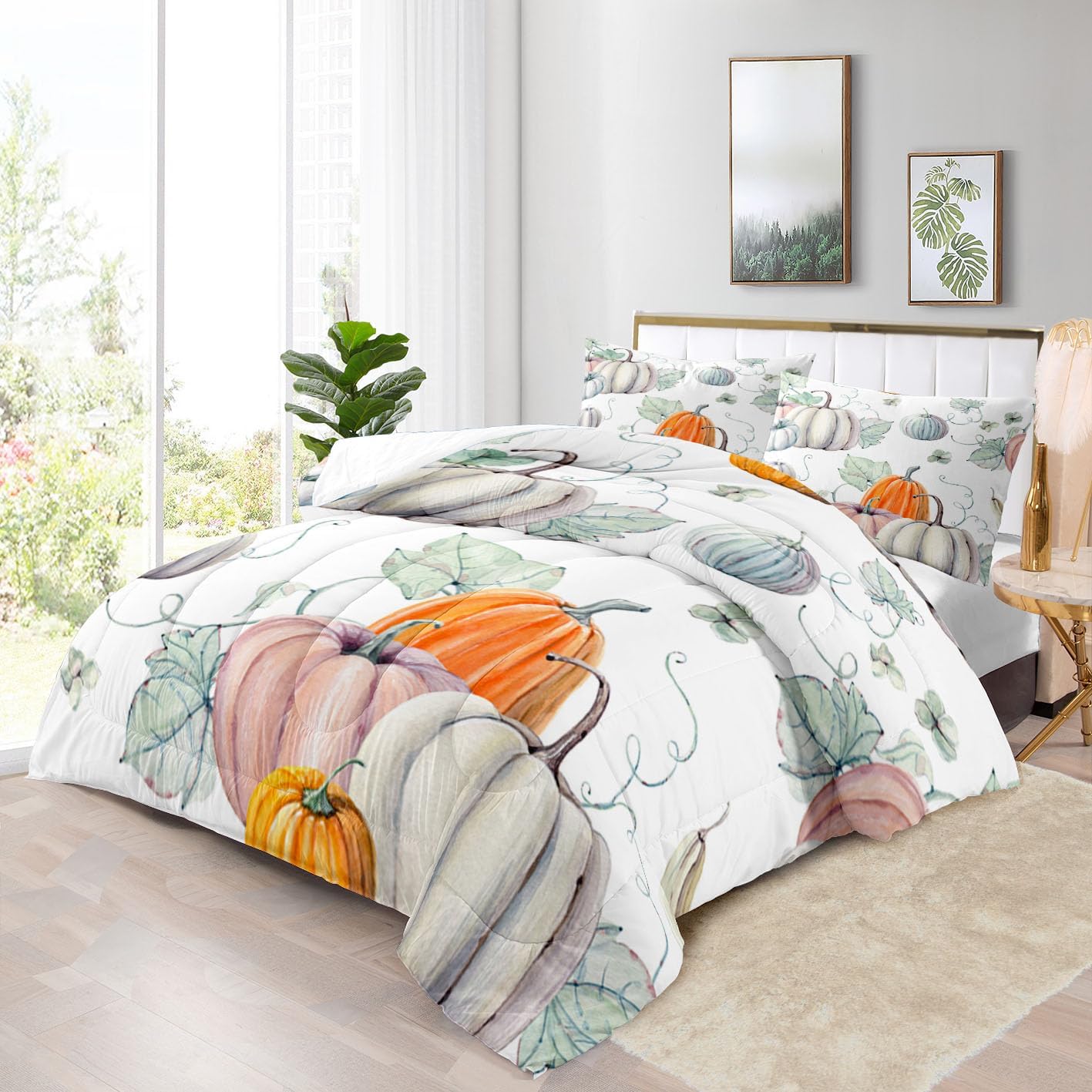 Autumn Watercolor Pumpkin Comforter Set Fall Leaves Printed Quilt Bedding Set with 1 Comforter and 2 Pillow Covers for Bedroom Dormroom All Season King 104x90inches