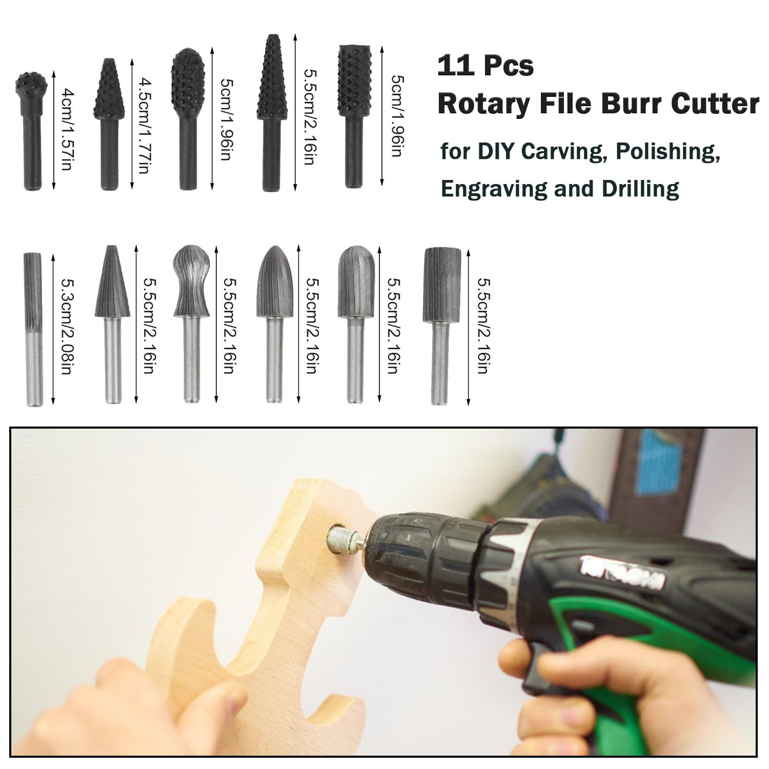 Rongon Carbide Burr Set 11Pcs Rotary File Burr Cutter, Woodworking File Rasp Chisel Die Grinder Bits Rotary File Rasp with 1/4 Inch Shank for DIY Carving, Polishing, Engraving and Drilling (11Pcs)