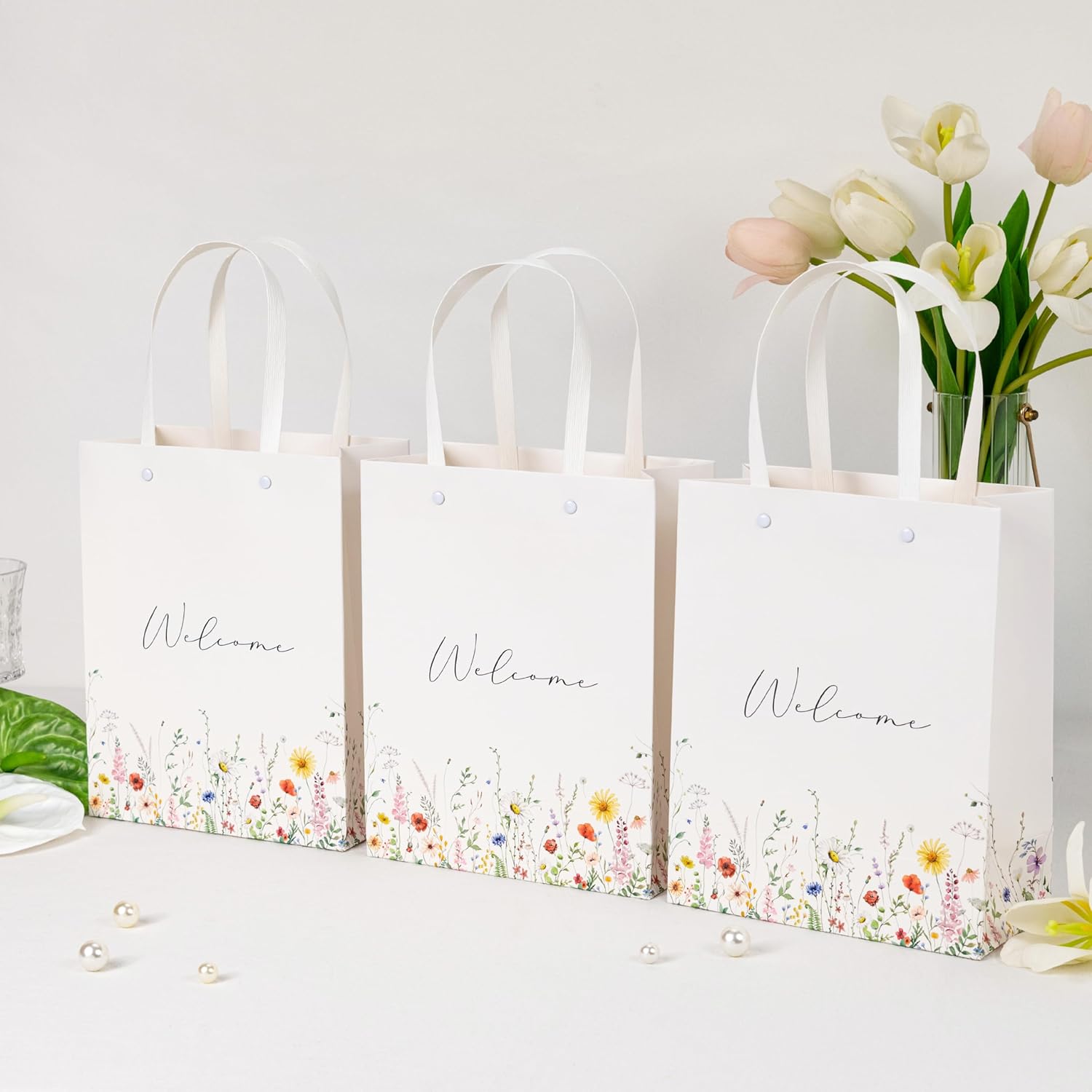 Crisky Wildflower Welcome Gift Bags for Wedding Hotel Guests, Bridal Baby Shower, 10"x8"x4", 25 Pack