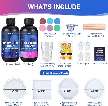 KISREL Epoxy Resin Kit for Beginners, 12OZ Resin Kit with Silicone Coaster Molds, Complete Accessories Include Mica Powders, Dried Flowers, Measuring Cups and Other Resin Supplies for DIY