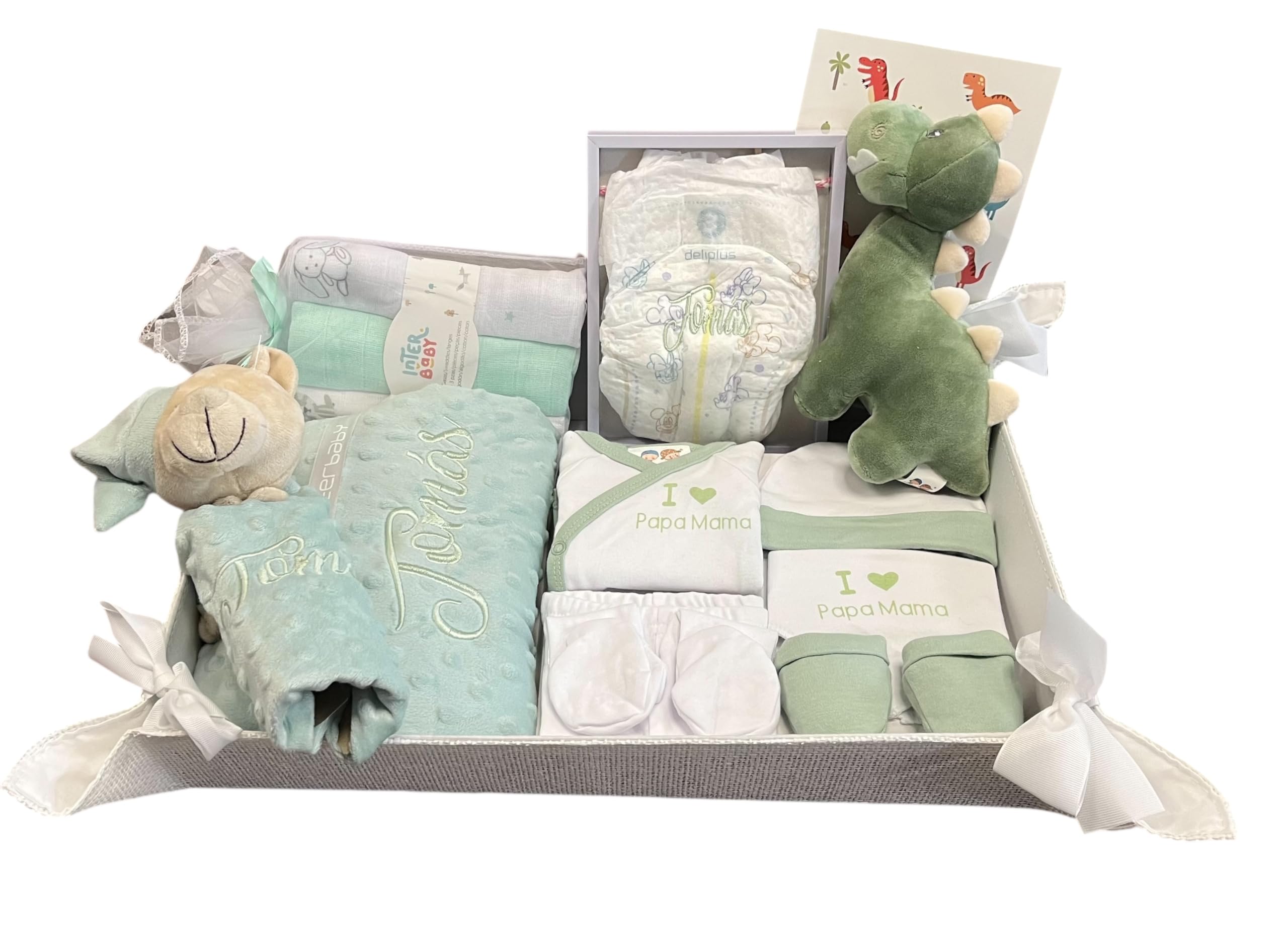 Danielstore - Canastilla Bebé Personalizada | Manta y Dou Dou con Nombre | | Set Primera Puesta Bebé | Pañal nombre bordado | Pack gasas | Cesta para Recién Nacidos| verde