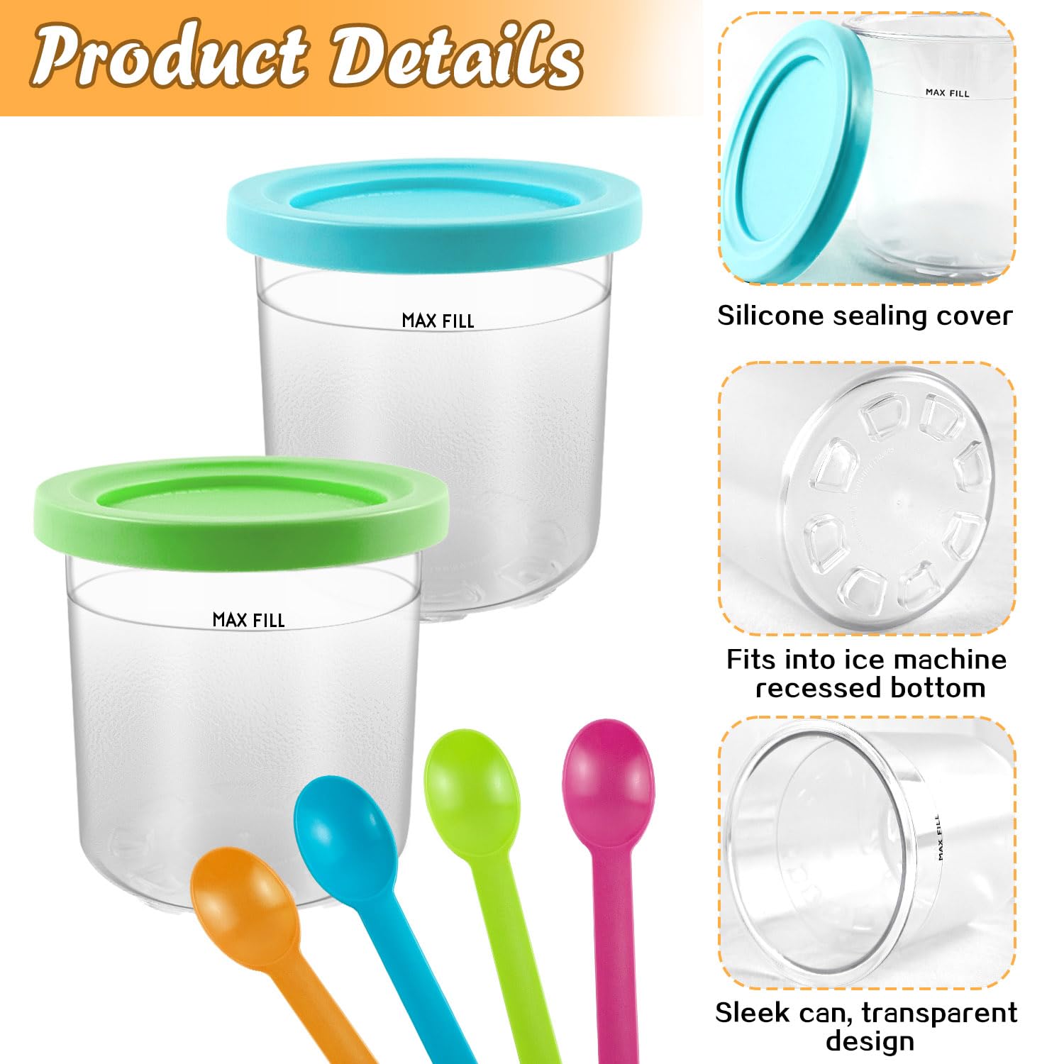 4 Pezzi Contenitore per Gelato per Ninja Creami, 16 OZ Contenitori per Gelato per NC301 NC300 NC299AMZ, Vaschette per Gelato Fatto in Casa con Coperchio, Accessori per Ninja Ice Creami Maker