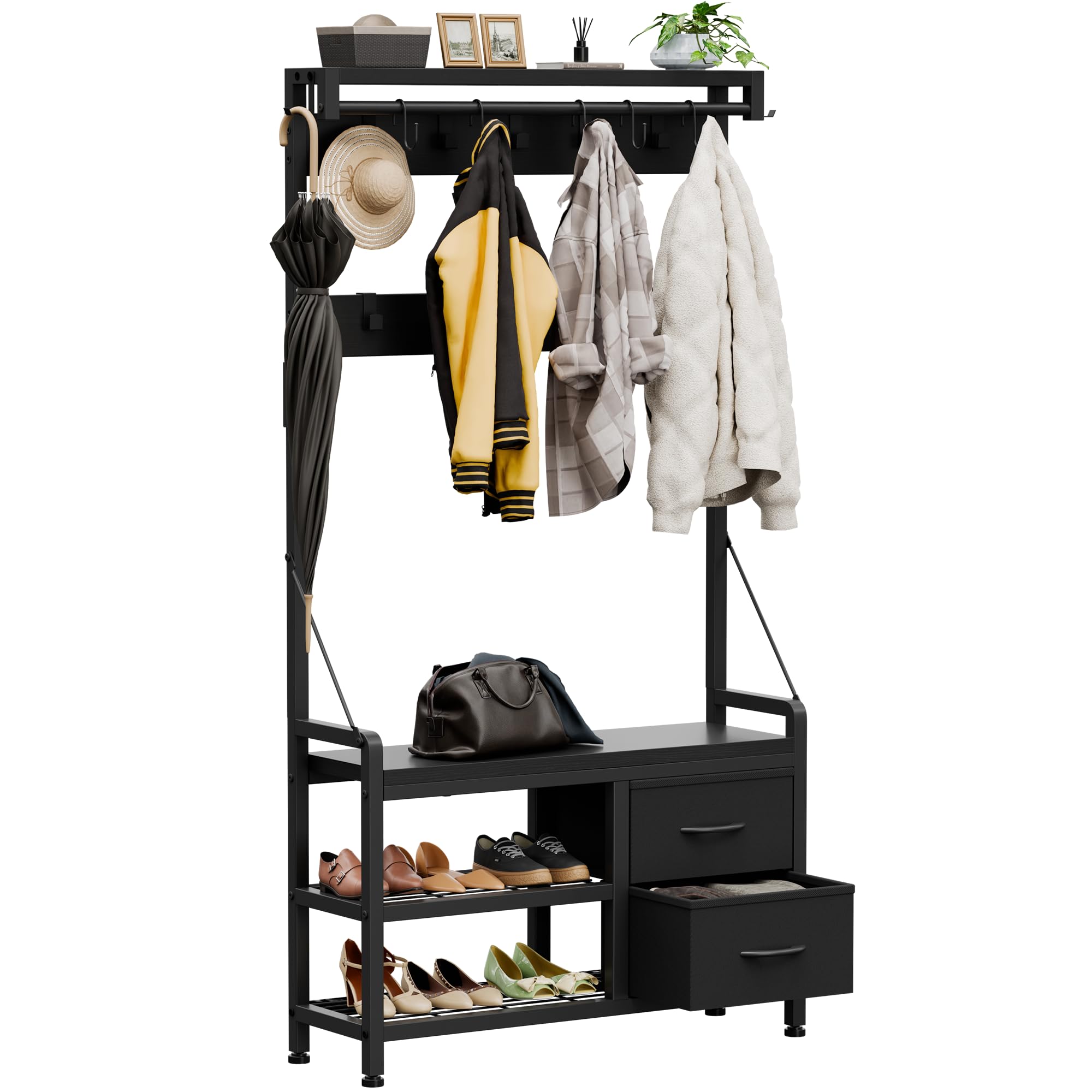 Buluri Garderobenständer, Schuhregal mit Sitzfläche und 2 Schubladen, Kleiderständer mit 17 Abnehmbaren Haken, 5 In 1 Design, Metallrahmen, für Flur, Wohnzimmer, Eingänge (Schwarz)