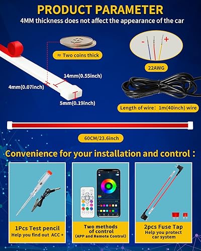 Miniatura 6 de DUOFU365 Tira LED Drl, tira de luces LED RGB para exteriores, 2 unidades, 24 pulgadas, multicolor, tira de luz diurna con aplicación inalámbrica y