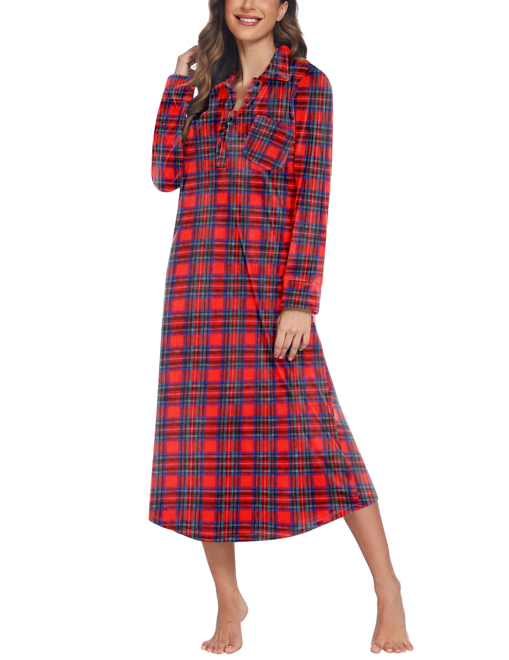 Ekouaer Camisón de franela de longitud completa para mujer, vestido de dormir largo a cuadros con botón, 6787_rojo Plaid, Large