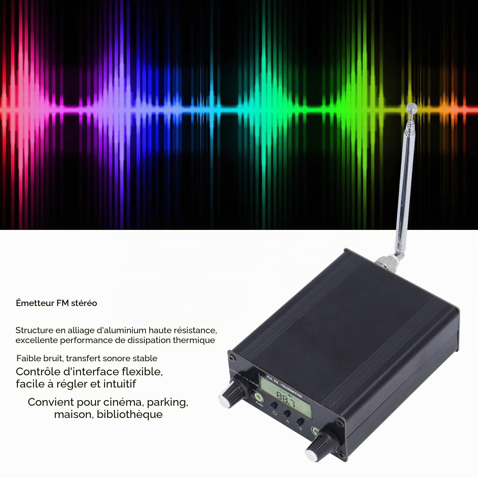 Naroote Émetteur FM Stéréo, émetteur de Diffusion FM DC12 V, Station de Radio Longue Portée avec Prise Audio Micro 3,5 Mm et Portée 76-108 MHz pour Théâtres, Maisons, Bibliothèques