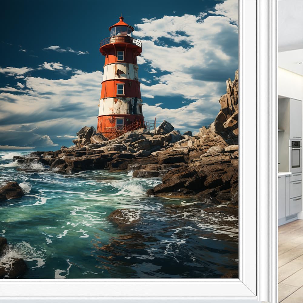 Modern Lighthouse Window Privacy Film Stained Glass Natural Sea Coastal Rocks Window Clings for Glass Decorative Stickers Static Cling Sun Blocking Coverings 45x60 cm