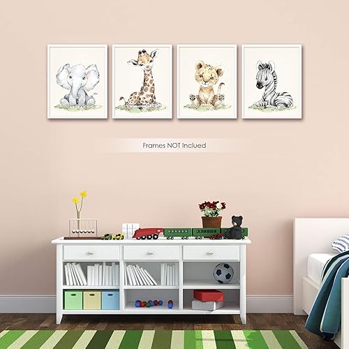 Miniatura 6 de 4 piezas de arte de pared de animales de dibujos animados, decoración de guardería, lindo elefante, jirafa, leopardo, cebra, decoración de pared,