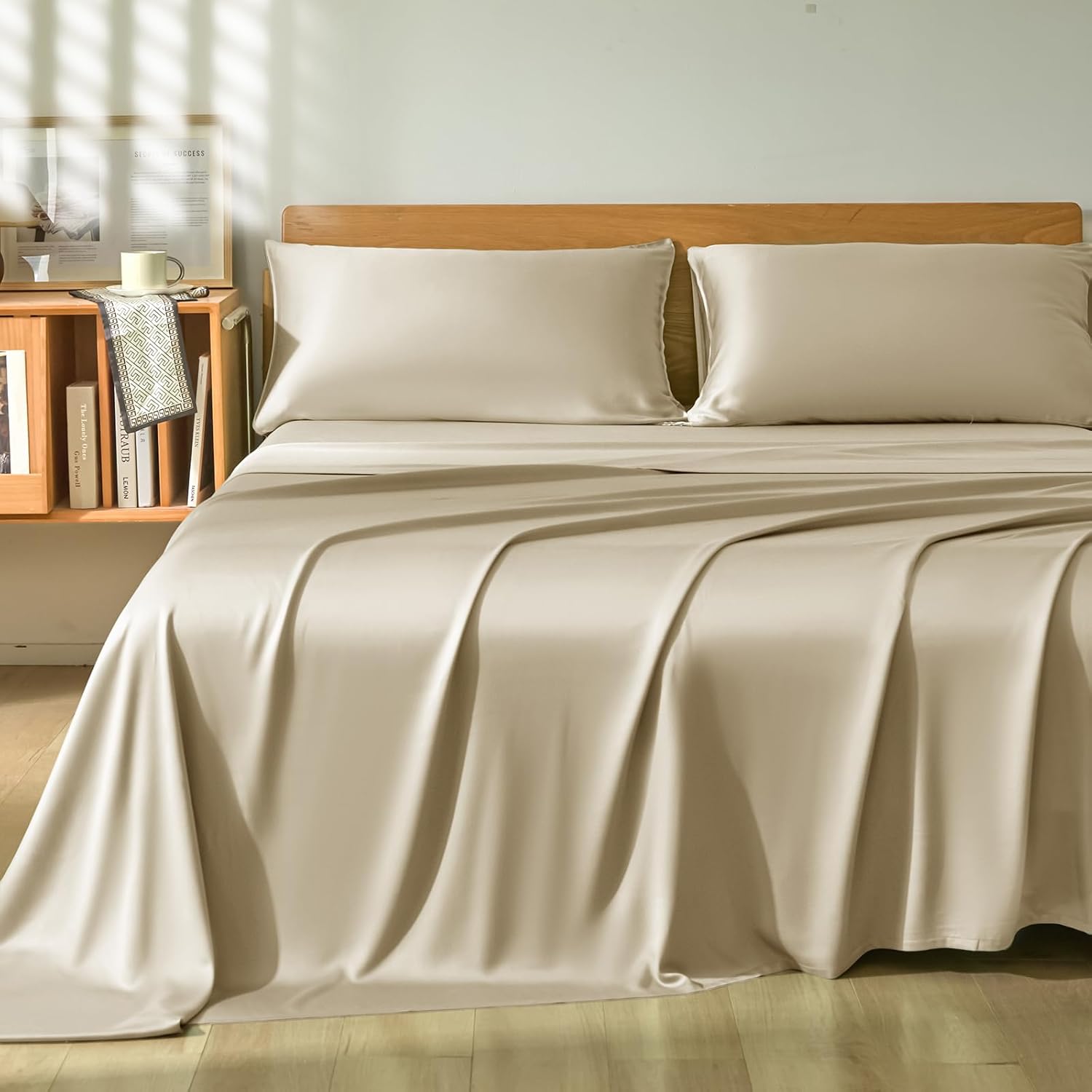 Homiest Queen Sheet Set 4pcs, 100% Rayon Derived from Bamboo Sheets, Cooling & Breathable Bedding for Hot Sleepers, Soft Luxury Sheets with 16" Deep Pocket, Hotel-Grade Silky Comfort (Beige)