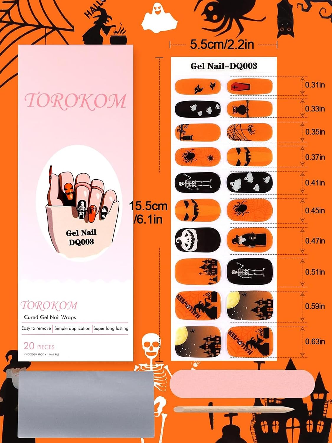 TOROKOM Halloween Cured Gel Nail Strips, Orange Pumpkin Gel Nail Polish Strips, Long Lasting Waterproof Full Nail Wraps, UV/LED Lamp Required