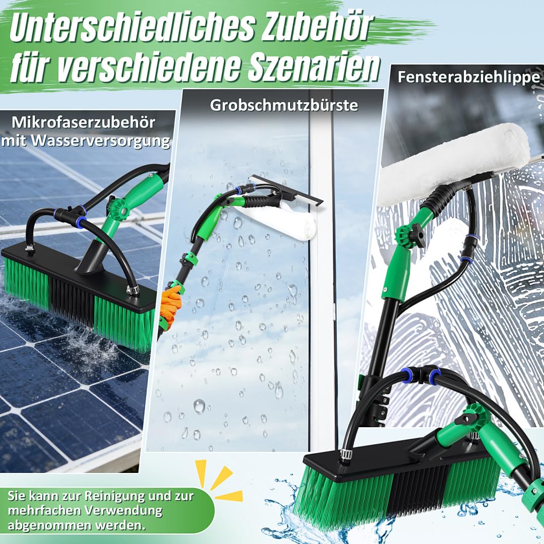 Teleskopbürste 4,8m Alu mit Wasseranschluss | Fensterputzer Set mit 360° Drehdüse, Hochdruckadapter & 10-in-1 Zubehör