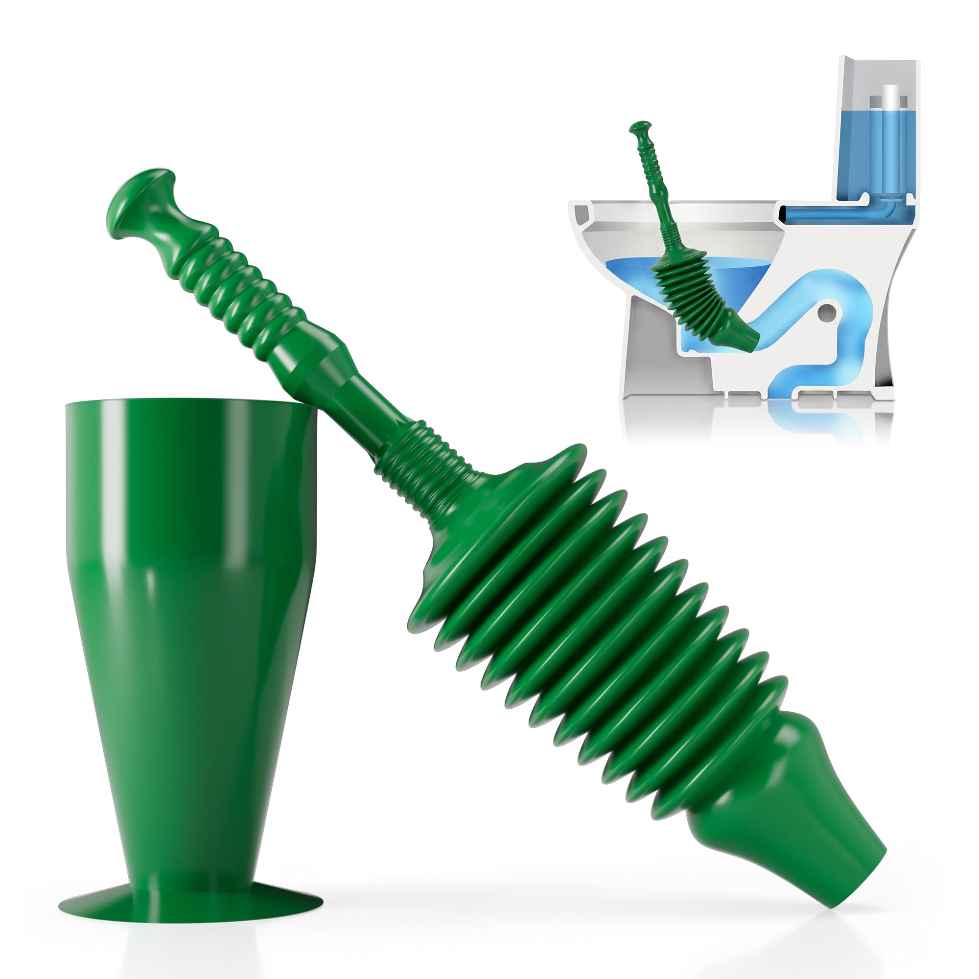 Heavy Duty Toilet Plunger with holder, Plunger Toilet Unblocker Heavy Duty, Flexible Plumbing Suction Tool for Unblocking Toilets of All Types, Clog Remover Tool Kitchens, Sinks, Baths, Green — image 1