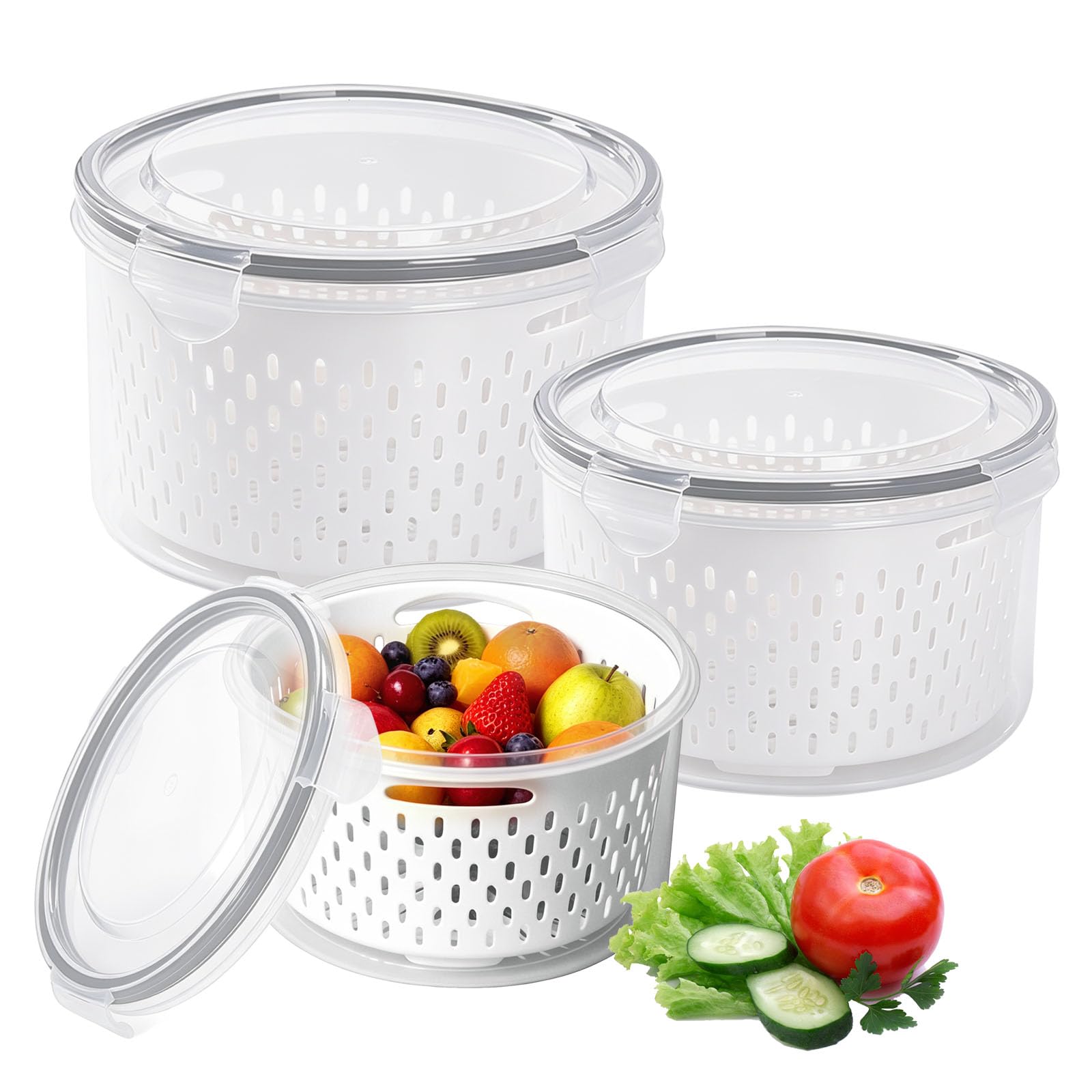 dogmoon Fridge Fruit Storage Containers with Removable Colander, 3 Set Fresh Food Storage Containers with Lids Airtight, Stackable Leak Proof Fridge Containers for Kitchen Meat Fruit Vegetables(Grey)