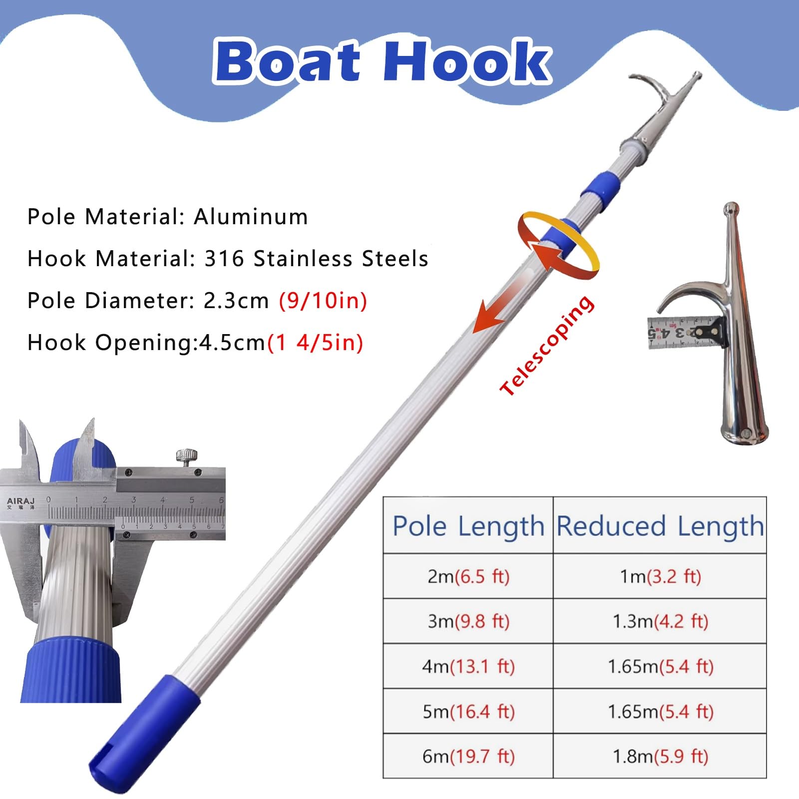 Ganci telescopici per imbarcazioni, Mezzo Marinaio telescopico con Asta di prolunga e Supporto for ormeggio 2-6 m(20pc,500cm/196.9in)