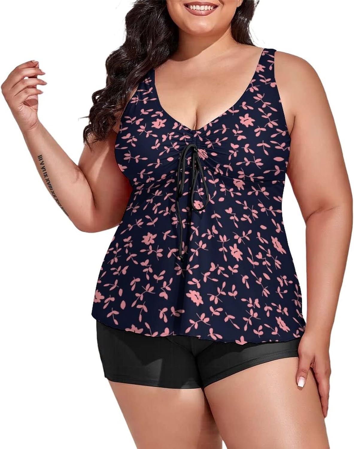 Plus Size Swimdress Yellow Sunflower Floral Women's 2 Pieces Tankini Swimsuits Women's Bathing Suits with Top/Boyshorts