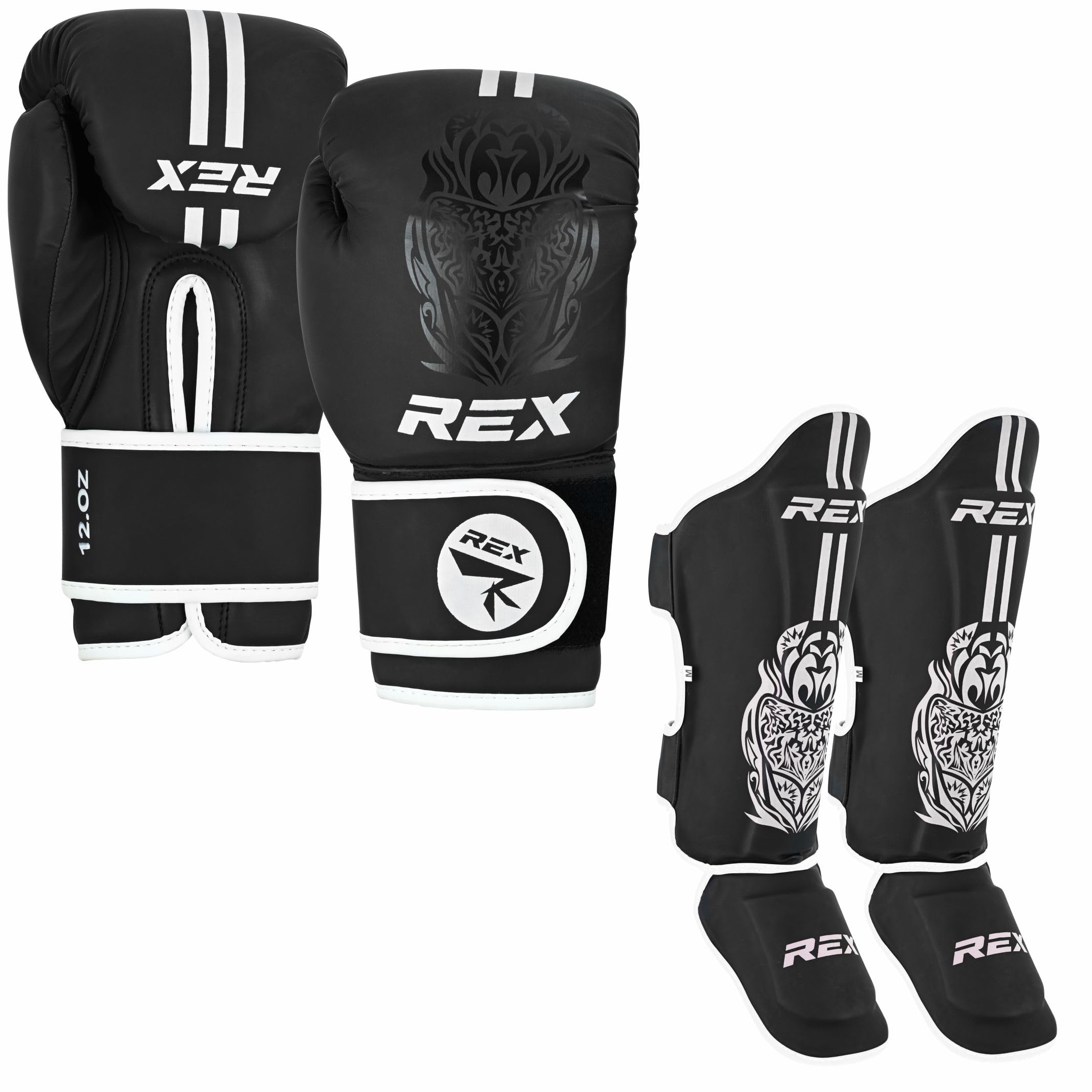 Rex Sports Boxing Set Boxing gloves with Shin Instep for Kickboxing Heavy duty punching gloves MMA fighting pads, shinpads Sparring gloves MMA Black/White (Gloves size 10oz, Shin Size M)