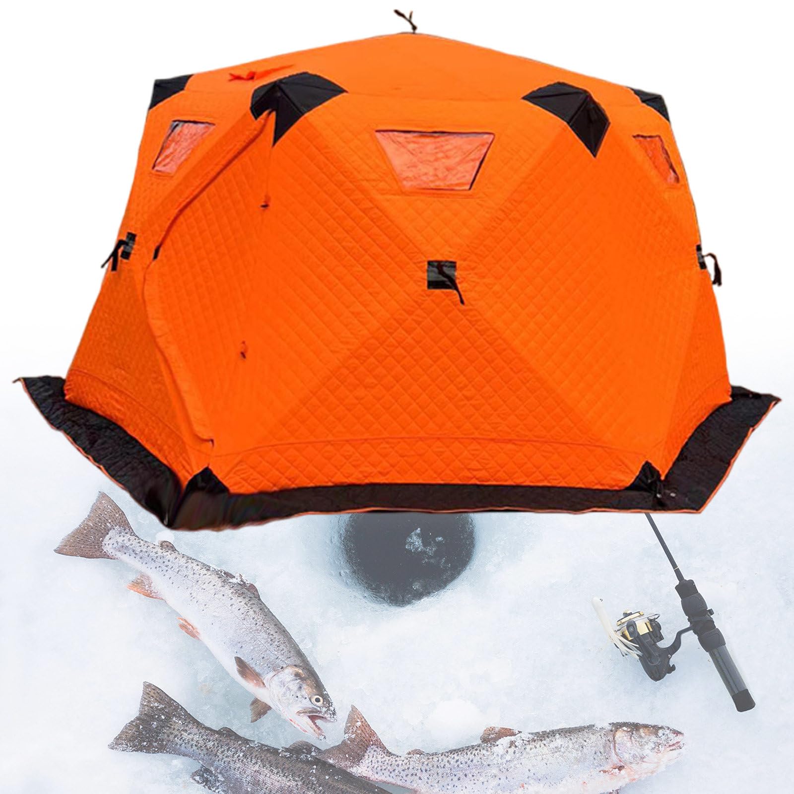 Portable Hexagon Insulated Ice Shanty House,5-8 People Warm Outdoor Ice Fishing Tent Thickened,for Winter Fishing, Camping, Hiking,Orange