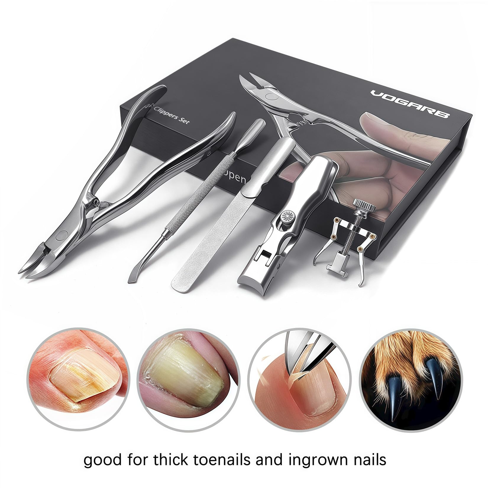 Grand coupe-ongles pour ongles épais/incarnés 5 pièces en 1 Pince longue poignée Verrouillage automatique Outil de pédicure Podologue pour adultes seniors (JCDKL5P)