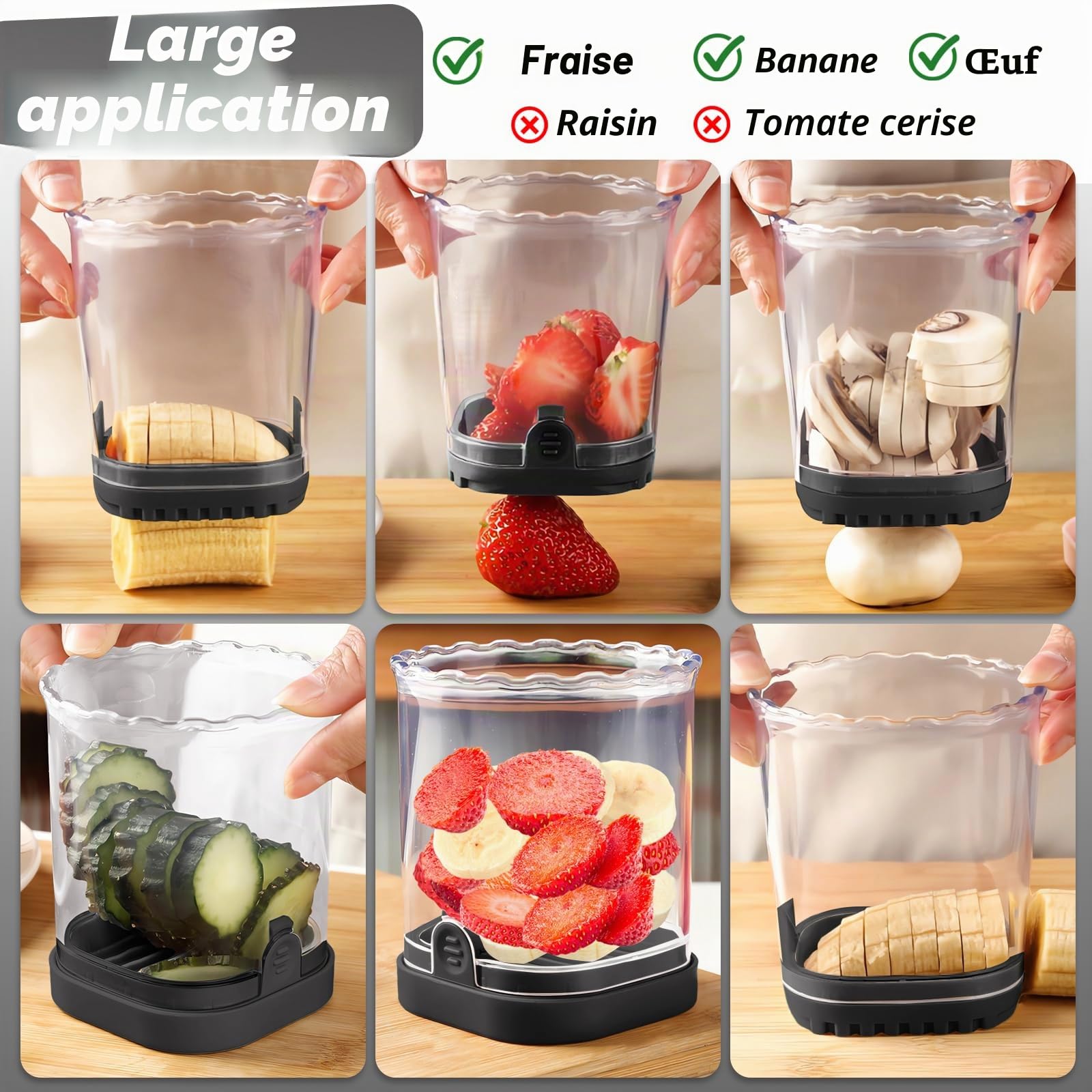 Coupe à fruits | Trancheuse à fraises | Trancheuse banane | Coupe-raisin | Trancheuse à œufs | Coupe-fruits amovible avec plaque de poussée | Gadget de cuisine créatif (noir)