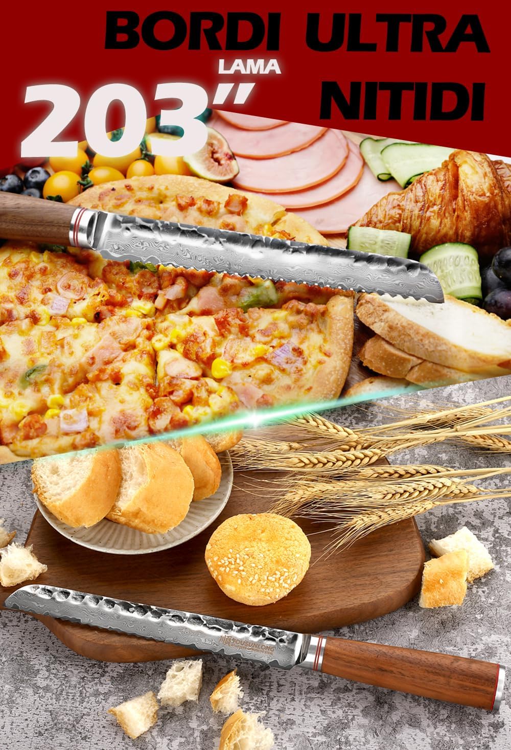 YOUSUNLONG Bread Knives 8 inch Serrated bread knife - Japanese Damascus Steel Natural Walnut Wood Handle - Cut bread, baguette, butter