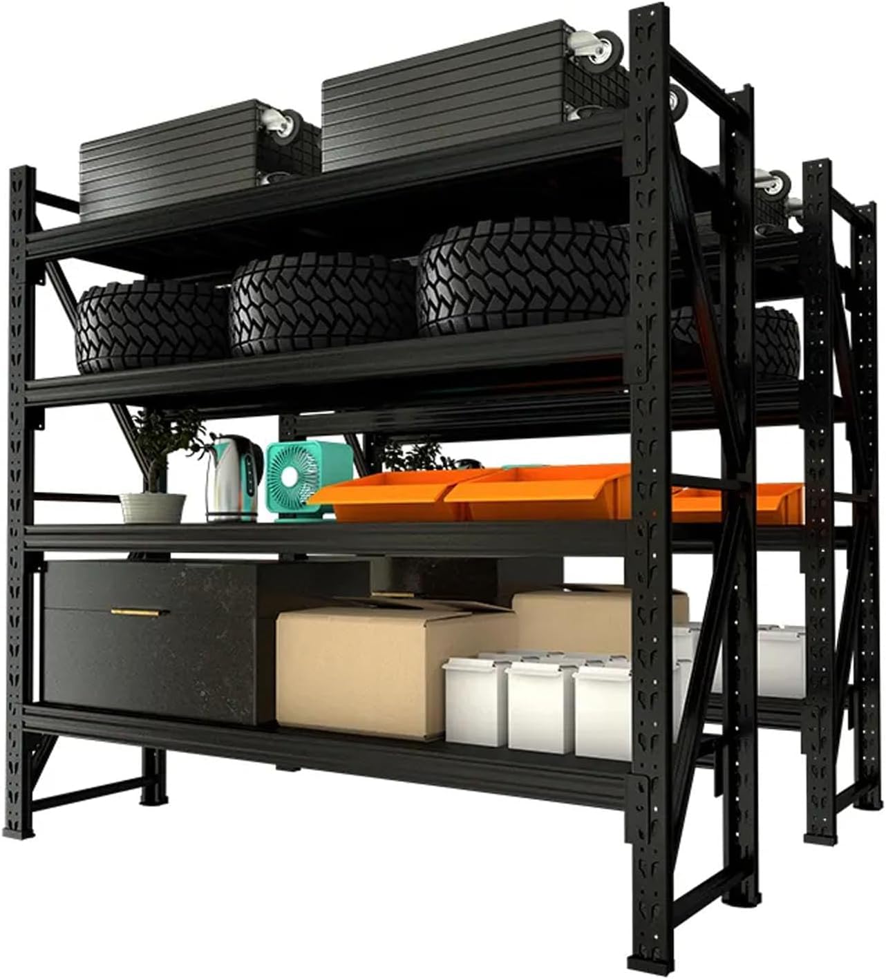 1 Mtr Long Heavy Duty Garage Shelving Units Metal Warehouse 4 Steps 1 Bay Racking Storage Garage Shelving Steel Shelf Capacity 300kg Each Shelves (L100 x W60 x H200cm) (Black)