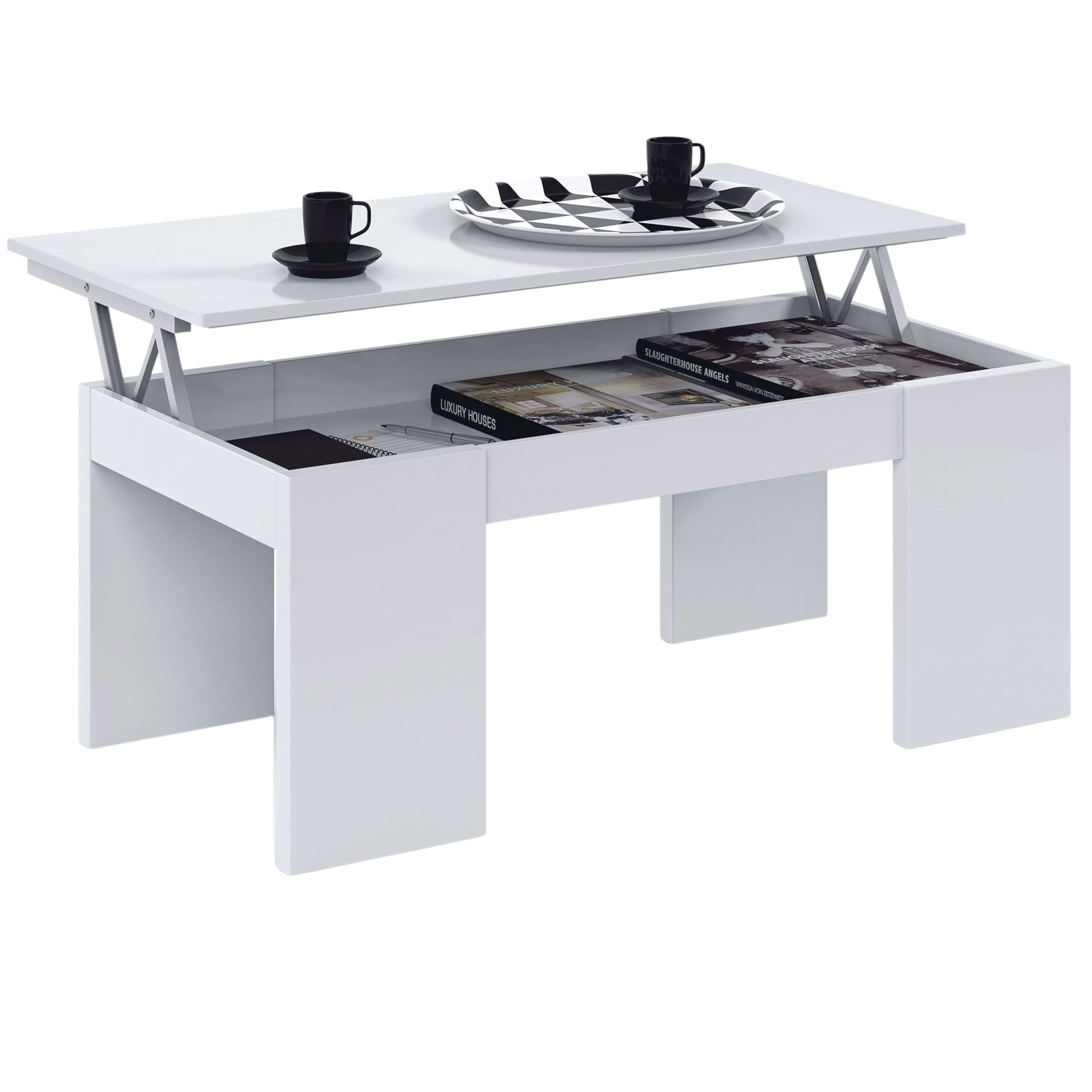 Habitdesign – Mesa de Centro Elevable para Salón Comedor, Mesa de Café con Almacenaje, Color Blanco Brillo, 100x50x43–54 cm - Modelo Kendra